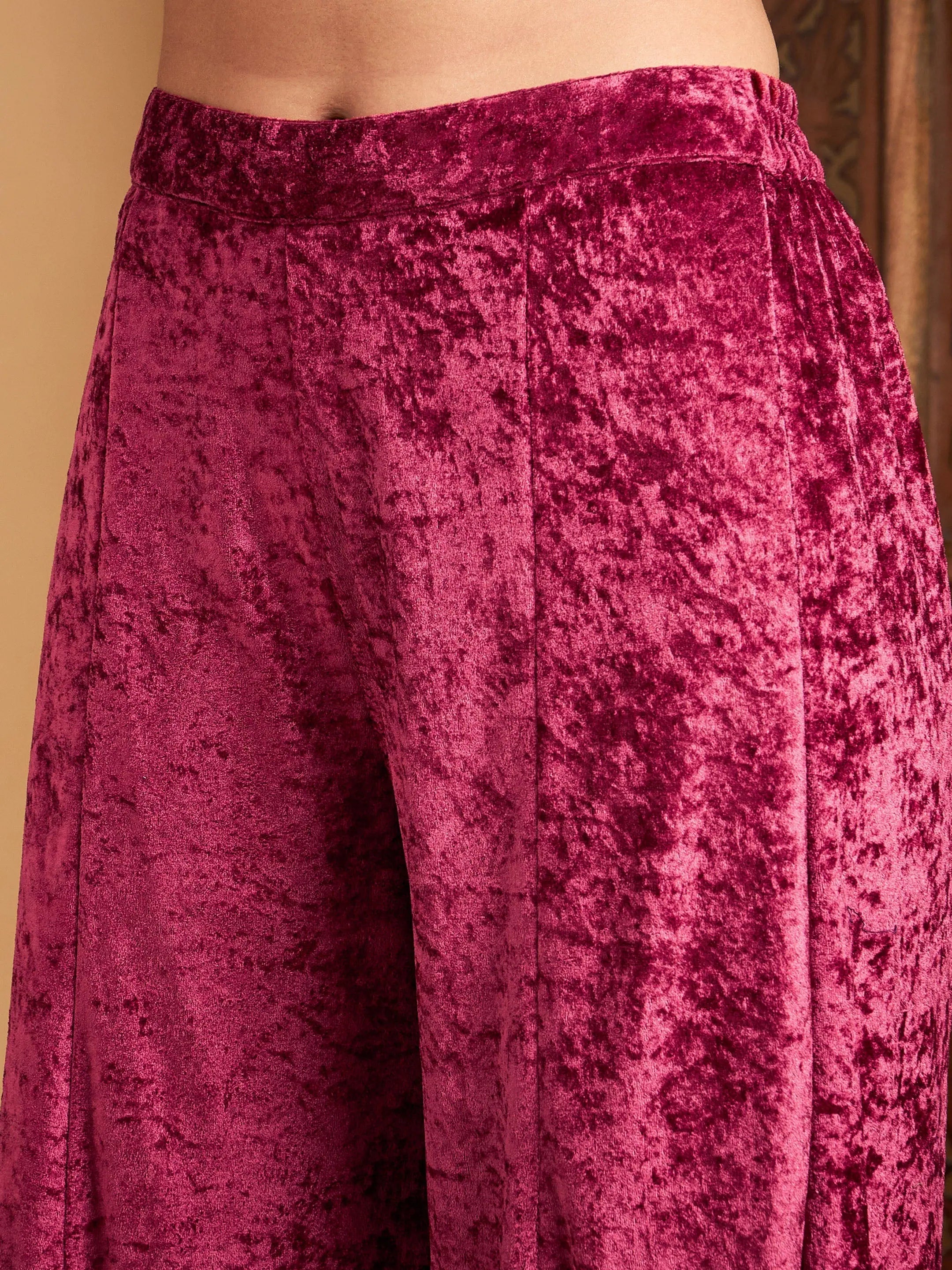Pink Velvet Kurta Palazzo Set - Embroidered Women's Style