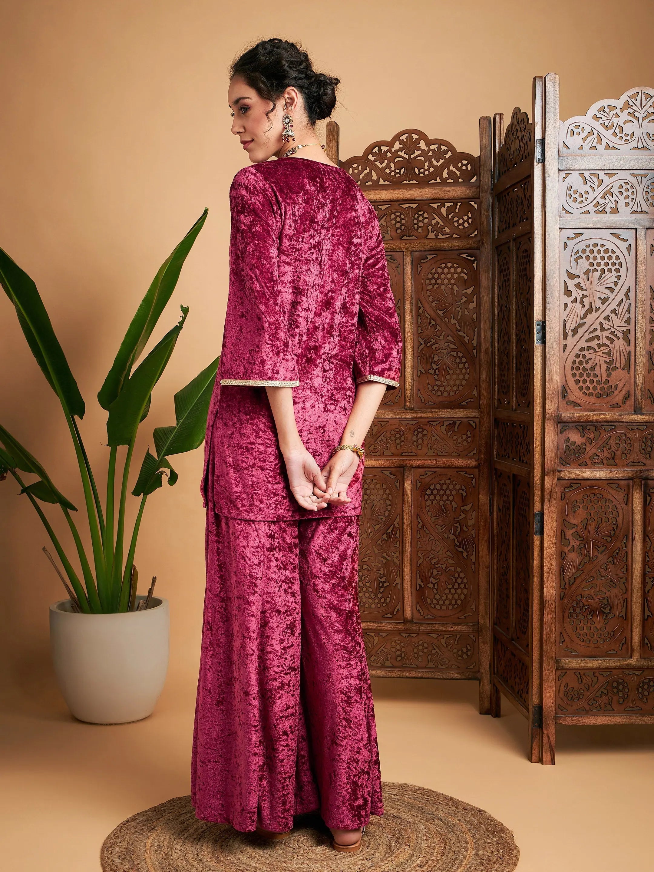 Pink Velvet Kurta Palazzo Set - Embroidered Women's Style
