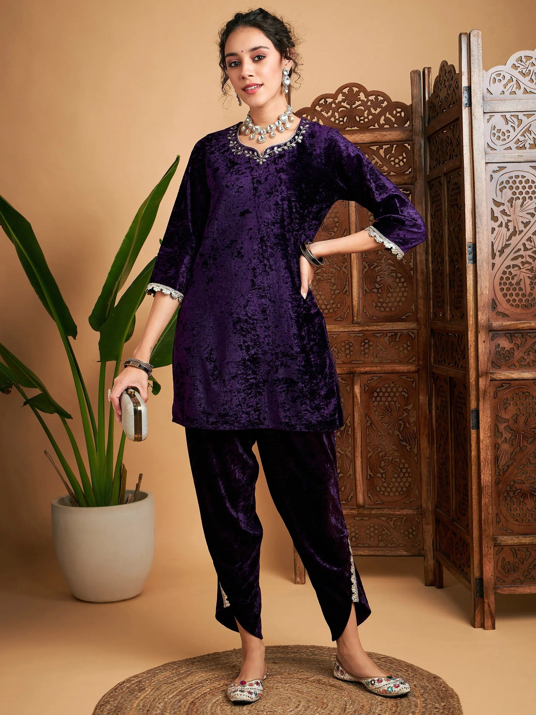 Purple Velvet Dhoti Pant Set | Designer Dhoti Suits for Women