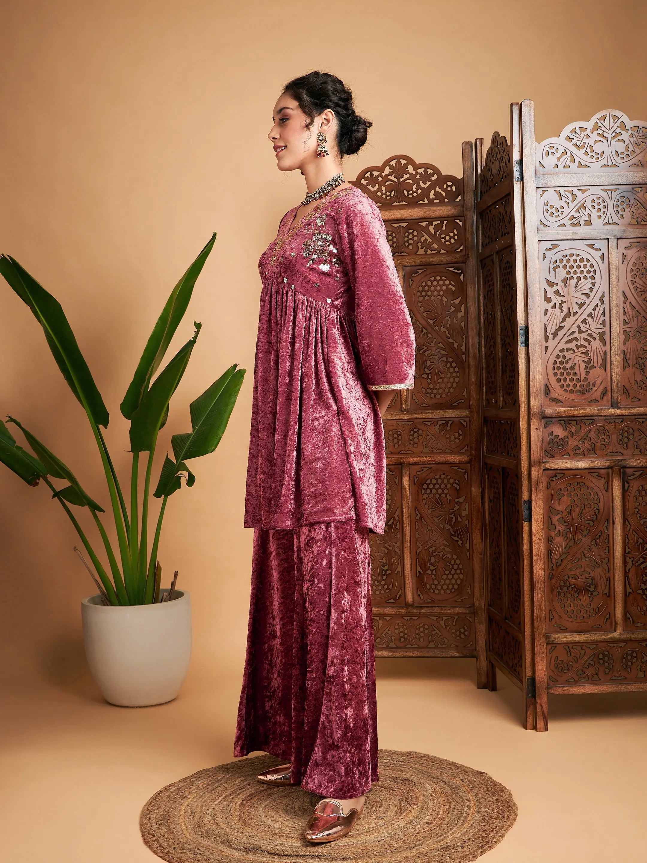 Pink Velvet Embroidered Top & Palazzos | Women's Western Outfits