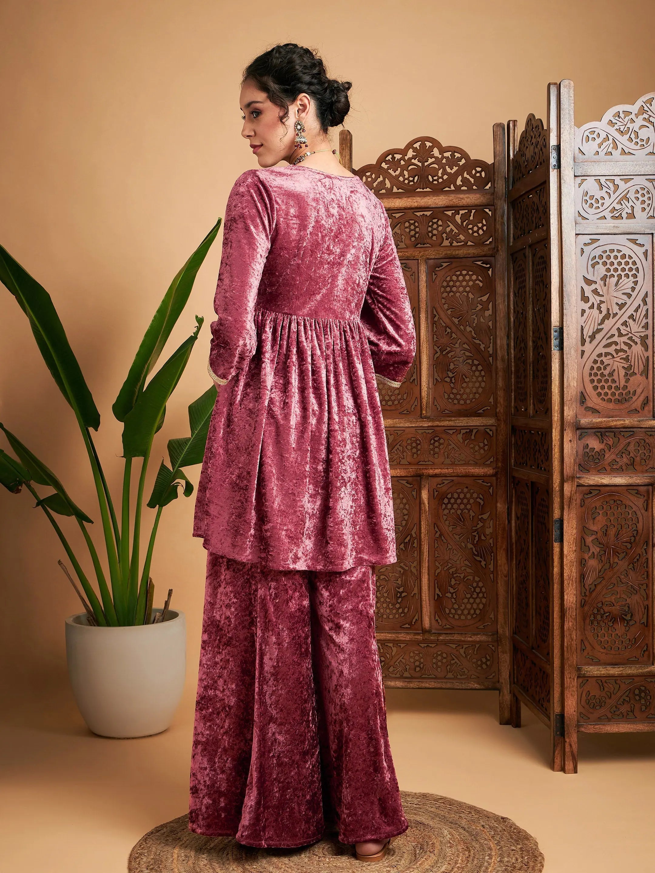 Pink Velvet Embroidered Top & Palazzos | Women's Western Outfits