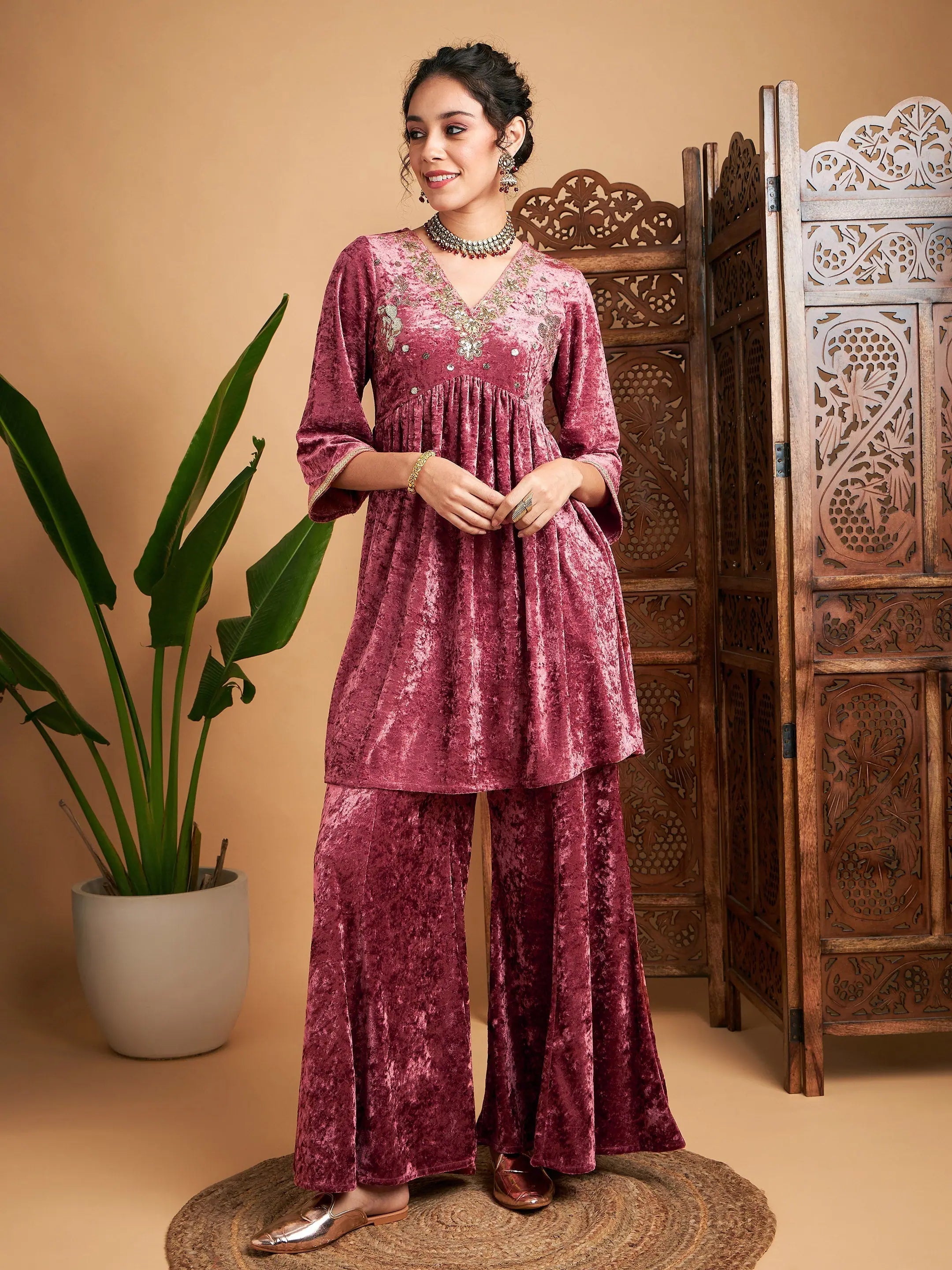 Pink Velvet Embroidered Top & Palazzos | Women's Western Outfits
