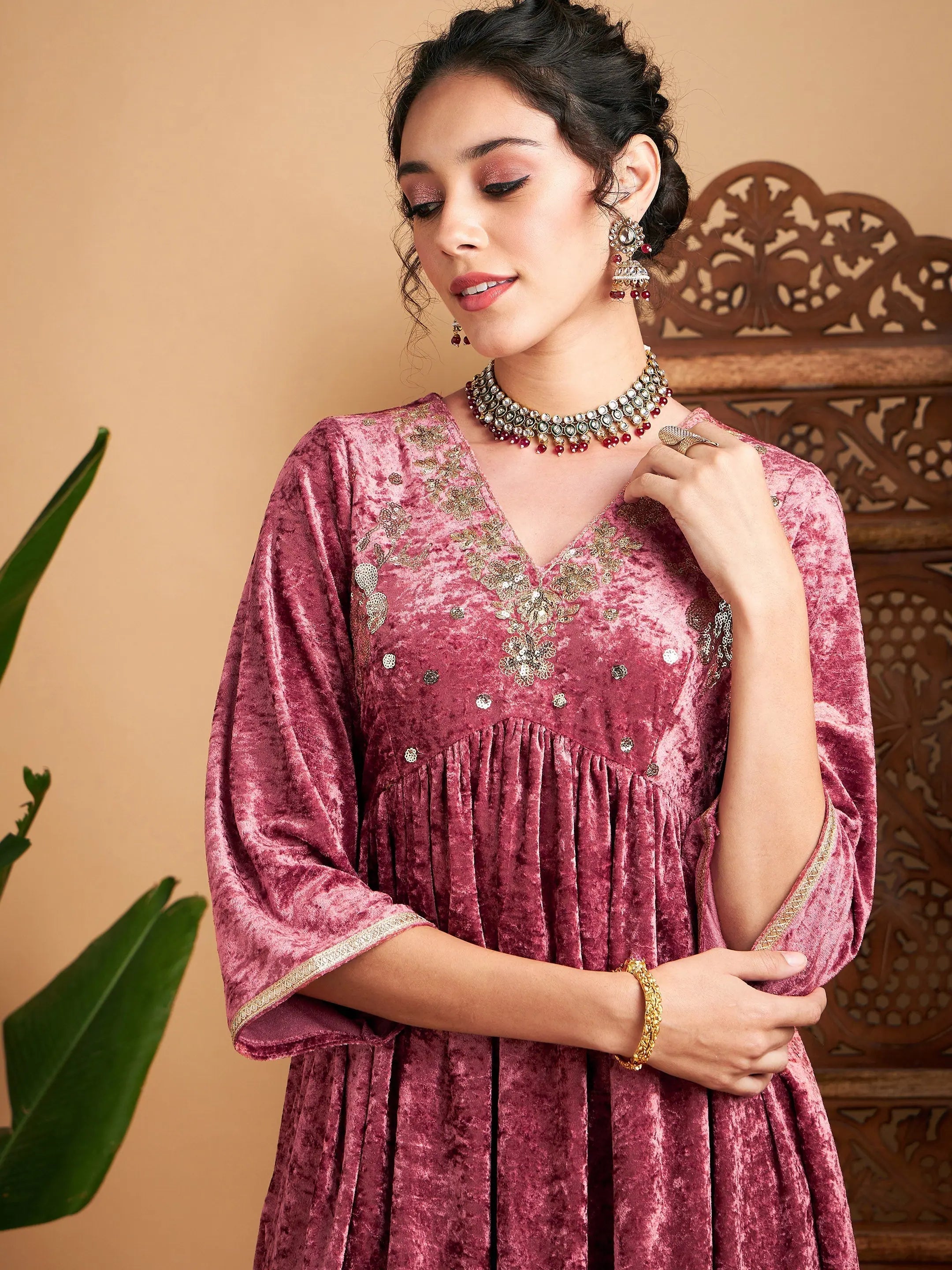 Pink Velvet Embroidered Top & Palazzos | Women's Western Outfits