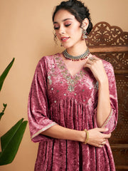 Women Pink Velvet Embroidered Top With Palazzos