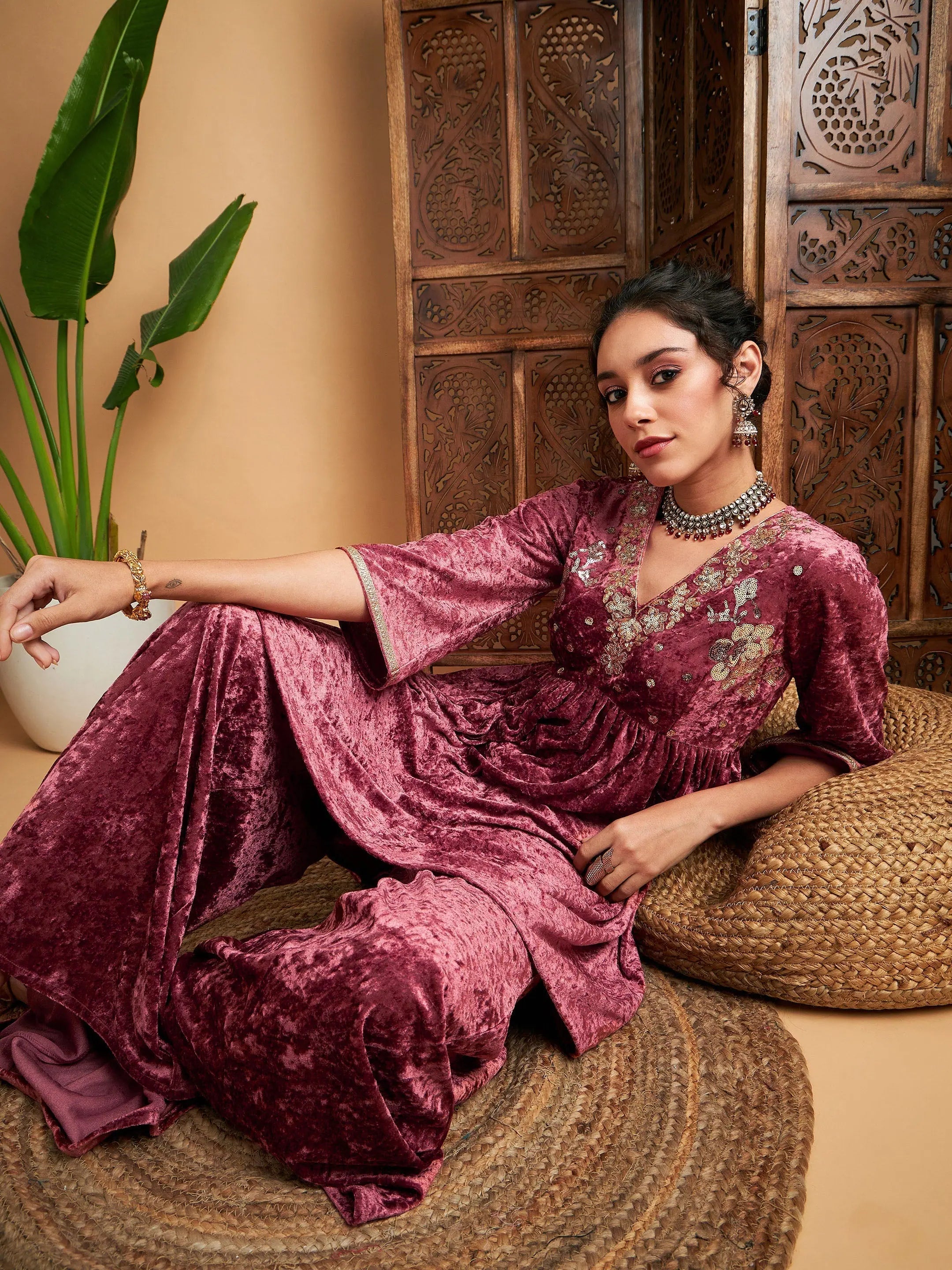 Pink Velvet Embroidered Top & Palazzos | Women's Western Outfits