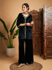 Women Black Velvet Embroidered Short Kurta With Palazzos-SHSET95640XS