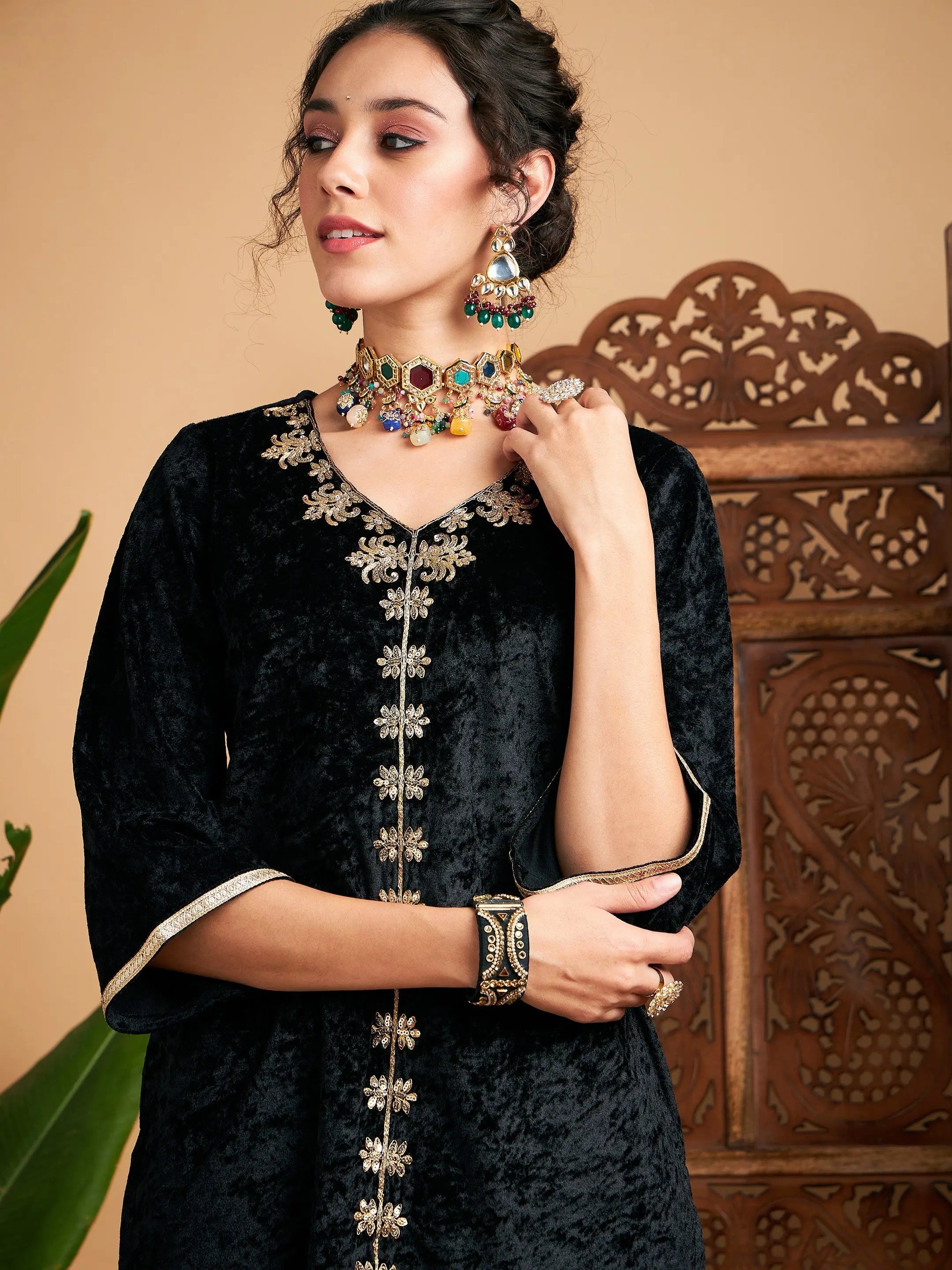 Black Velvet Embroidered Palazzo Pants Set | Kurta Palazzo Set