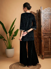 Women Black Velvet Embroidered Short Kurta With Palazzos-SHSET95640XS