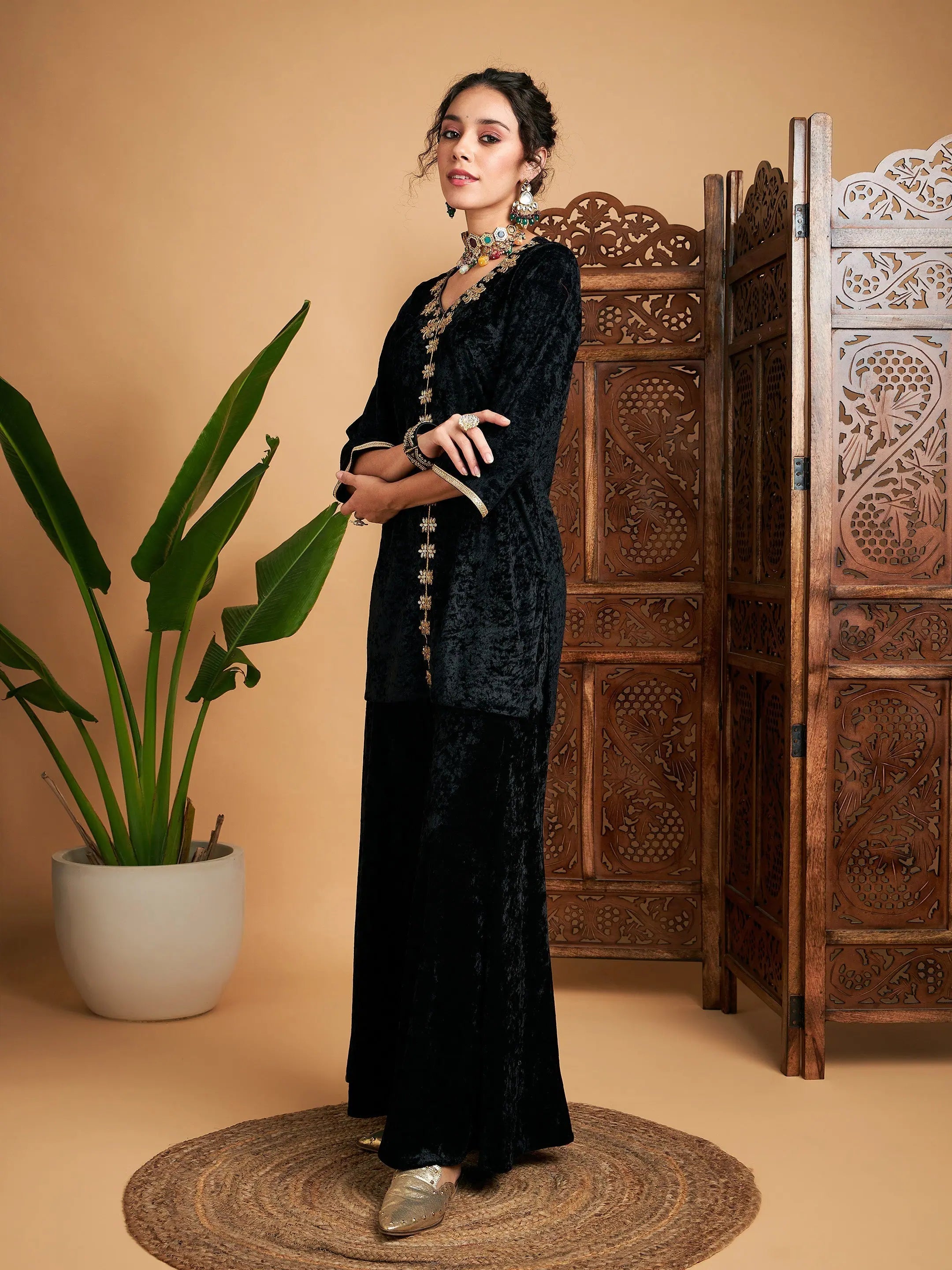 Black Velvet Embroidered Palazzo Pants Set | Kurta Palazzo Set