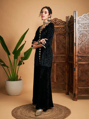 Women Black Velvet Embroidered Short Kurta With Palazzos-SHSET95640XS