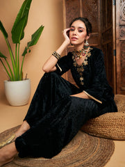 Women Black Velvet Embroidered Short Kurta With Palazzos-SHSET95640XS