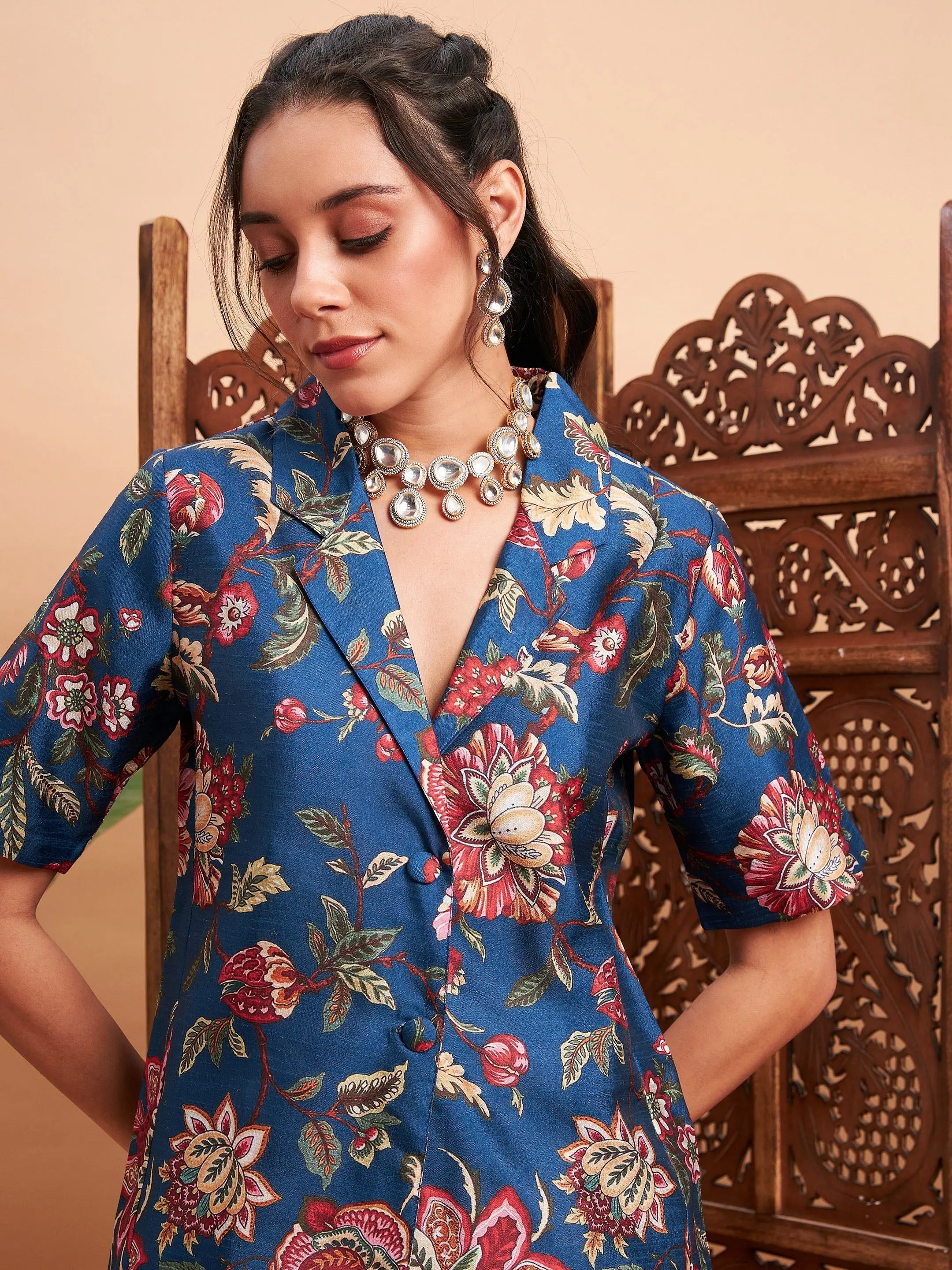 Blue Floral Blazer and Straight Pants Set | Women's Tops