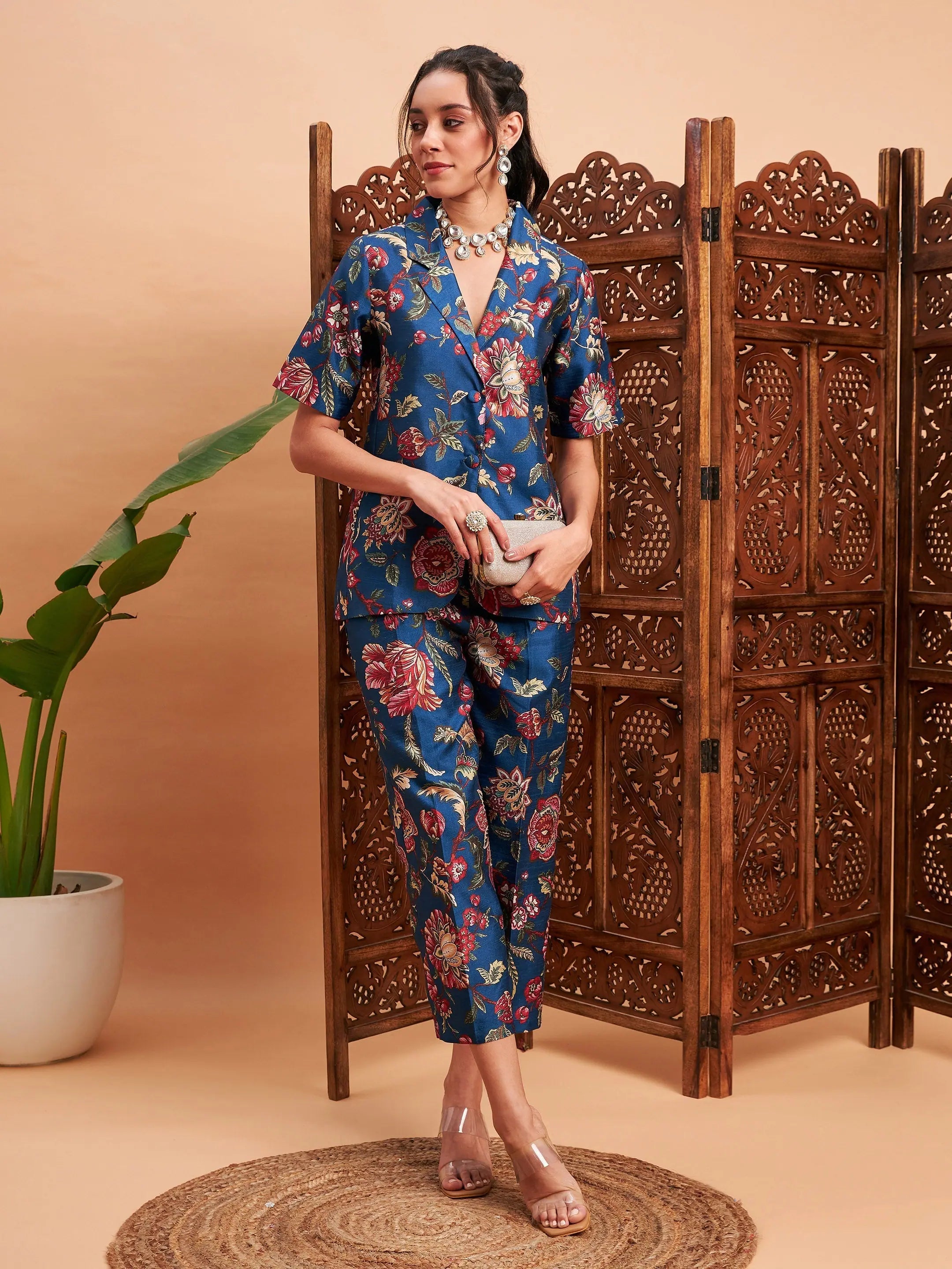 Blue Floral Blazer and Straight Pants Set | Women's Tops