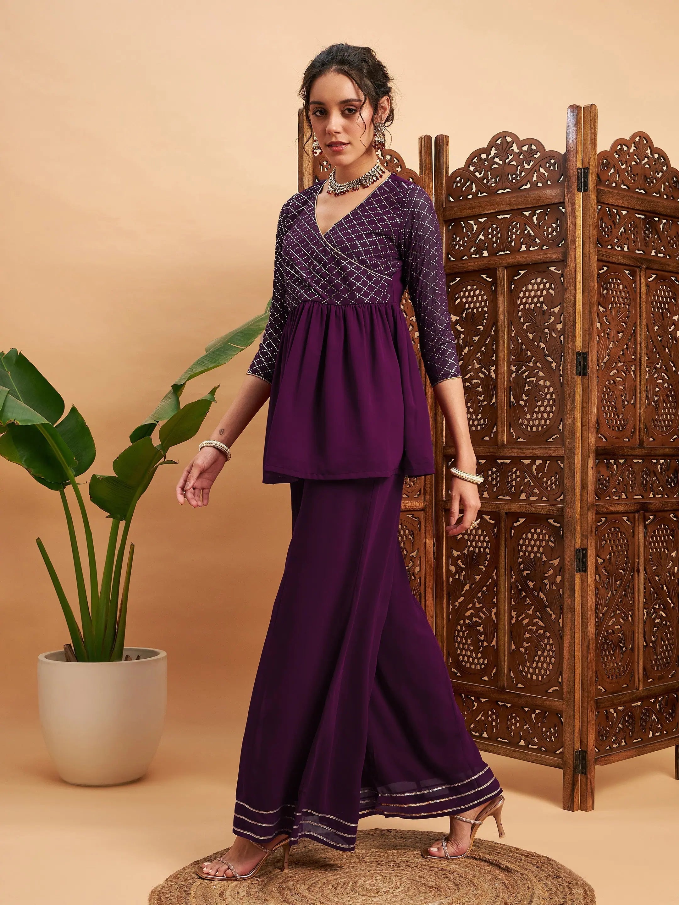 Burgundy Mukaish Top & Sharara Pants | Women's Western Wear