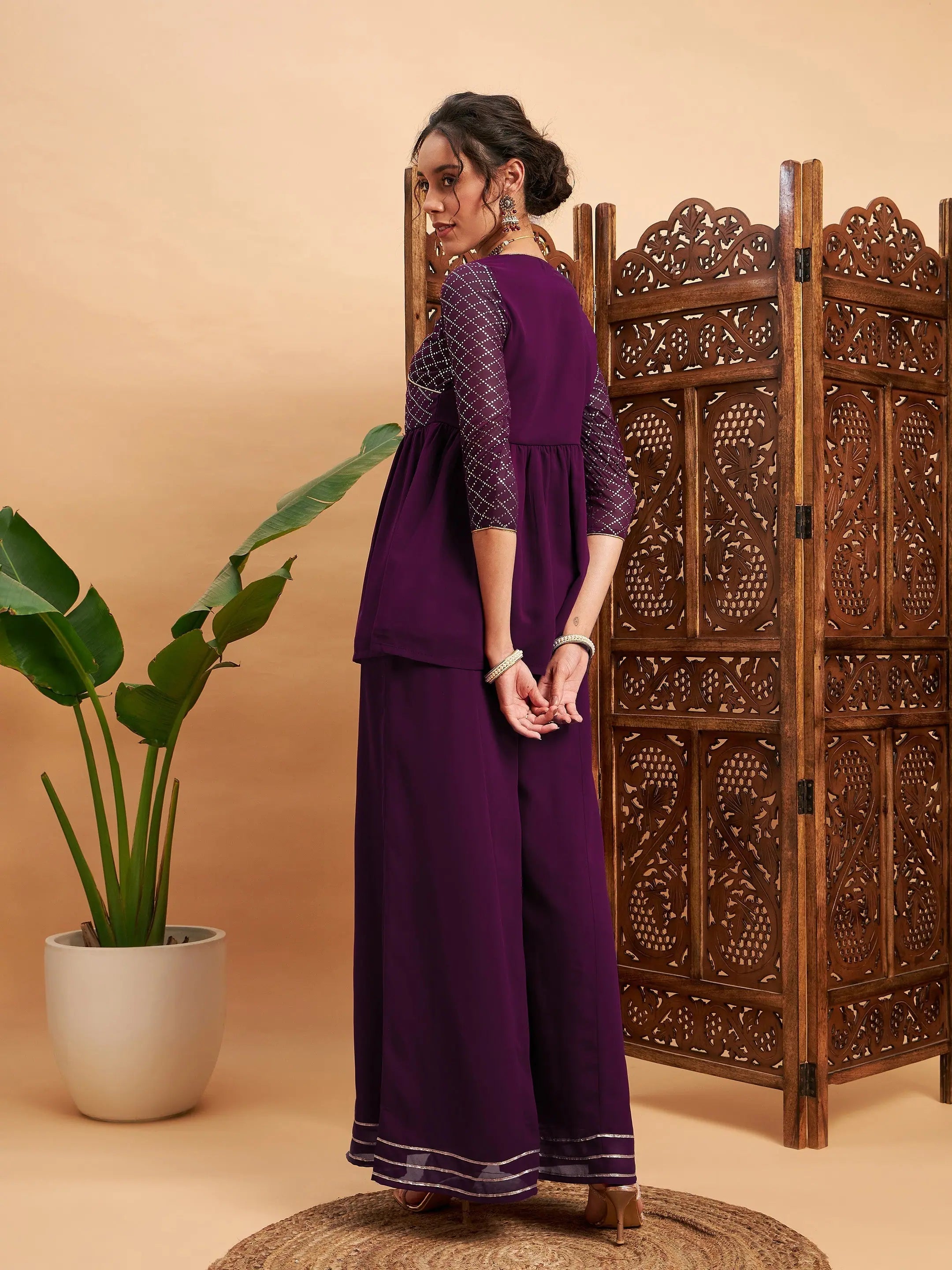 Burgundy Mukaish Top & Sharara Pants | Women's Western Wear