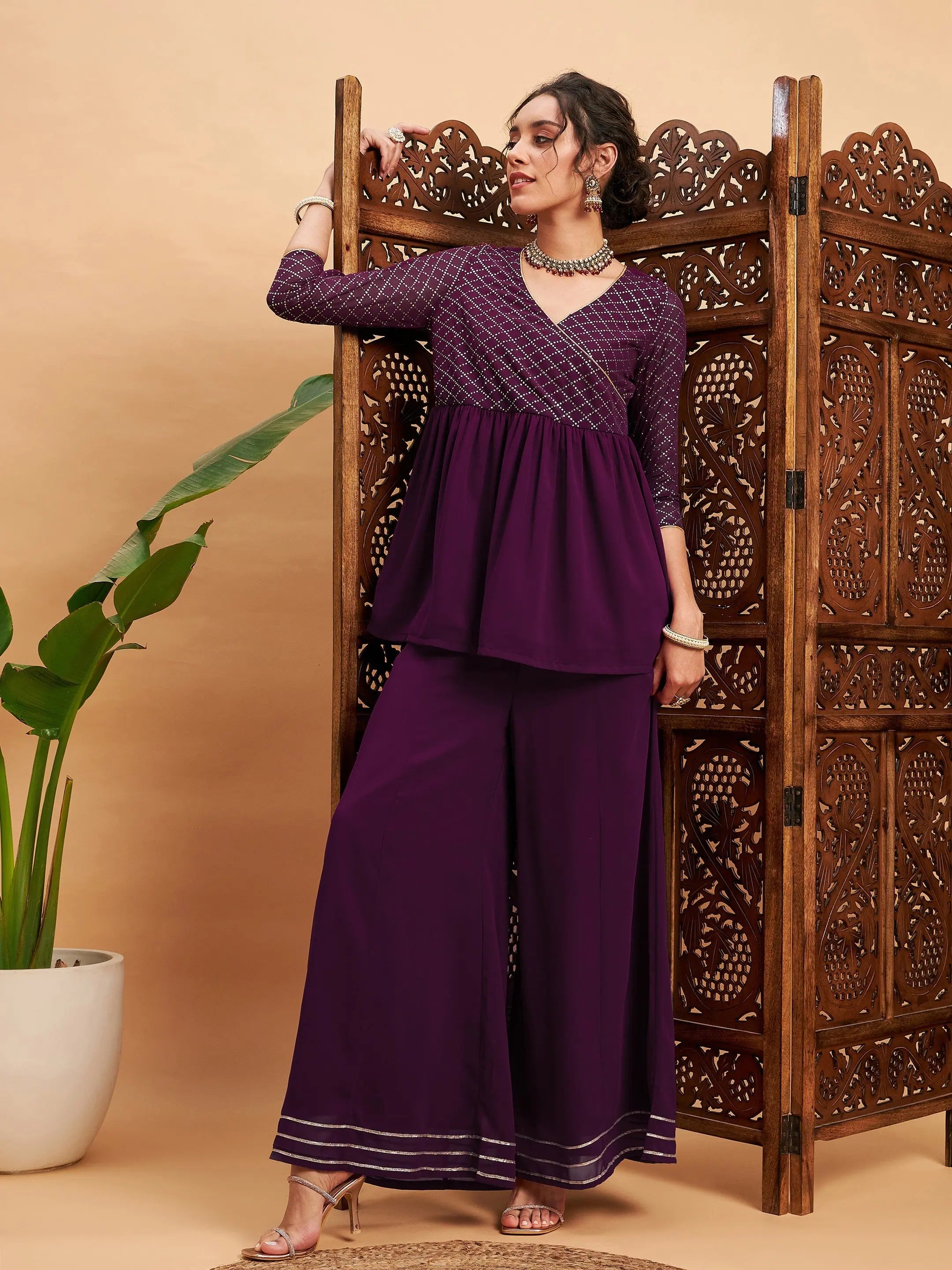 Burgundy Mukaish Top & Sharara Pants | Women's Western Wear