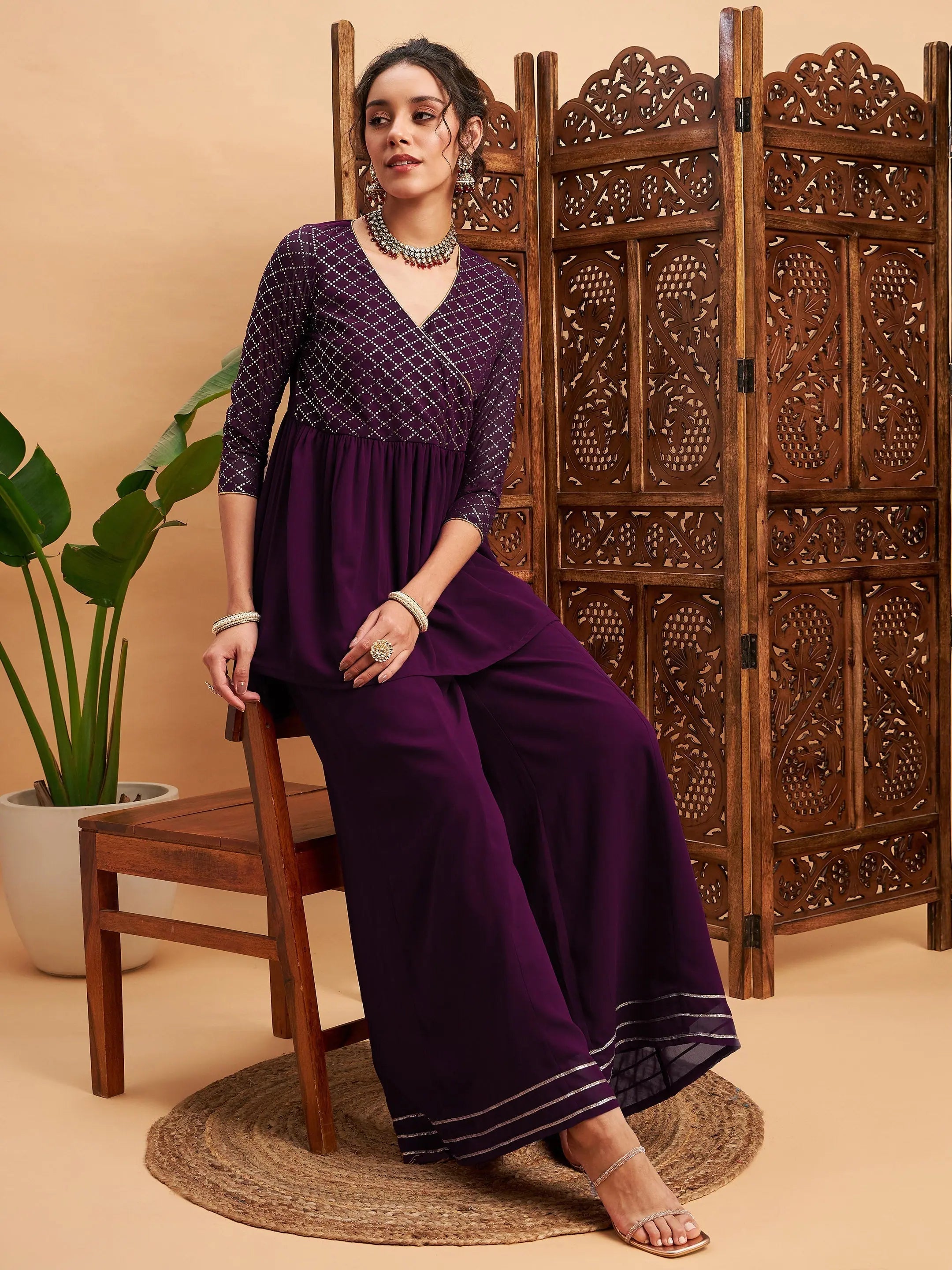 Burgundy Mukaish Top & Sharara Pants | Women's Western Wear