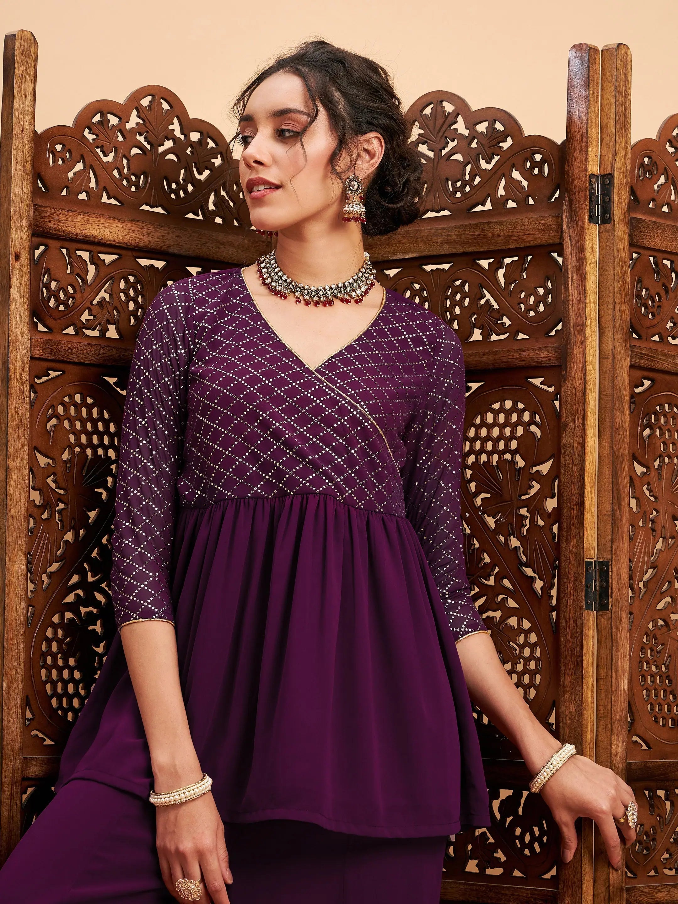 Burgundy Mukaish Top & Sharara Pants | Women's Western Wear