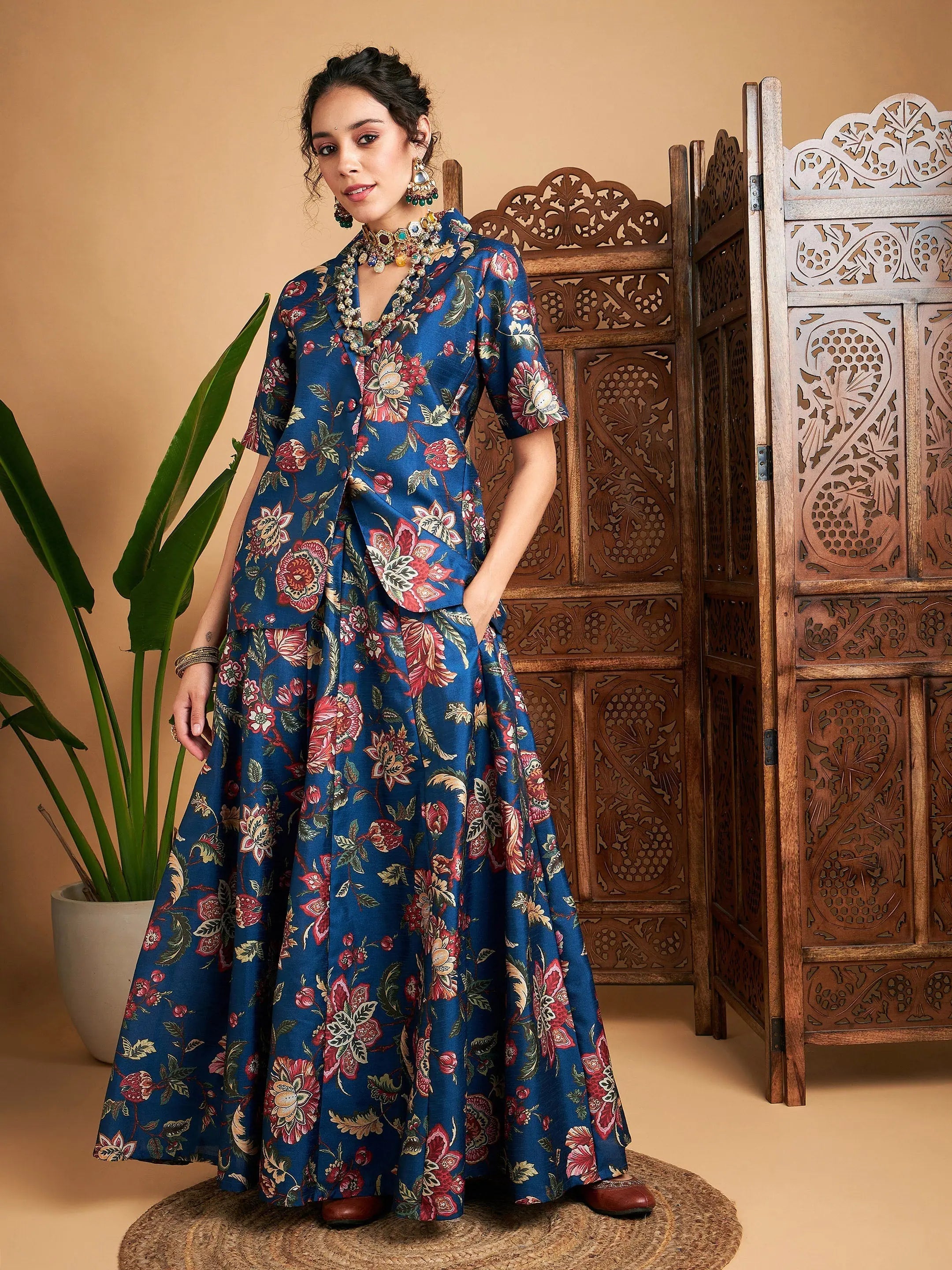 Blue Floral Anarkali Skirt & Blazer | Designer Lehenga for Women