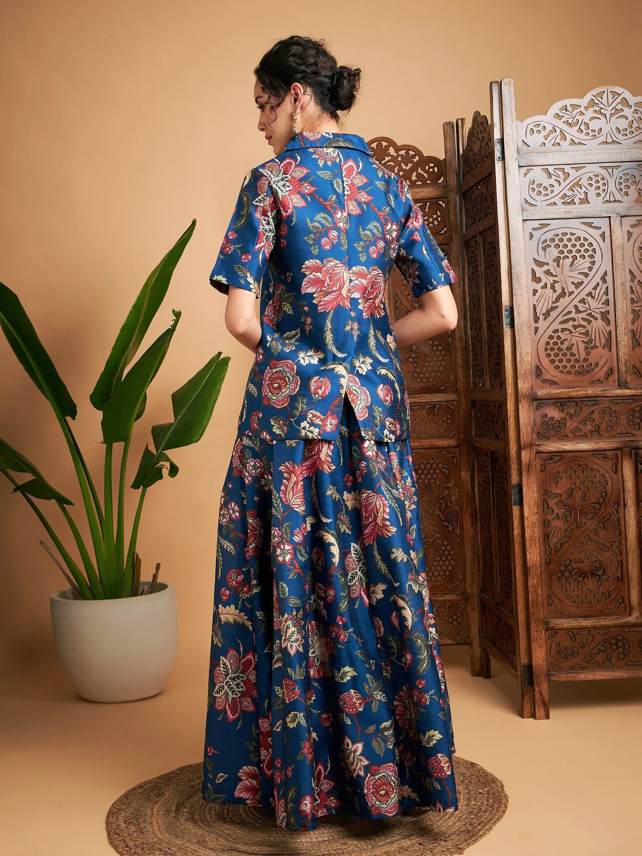 Blue Floral Anarkali Skirt & Blazer | Designer Lehenga for Women