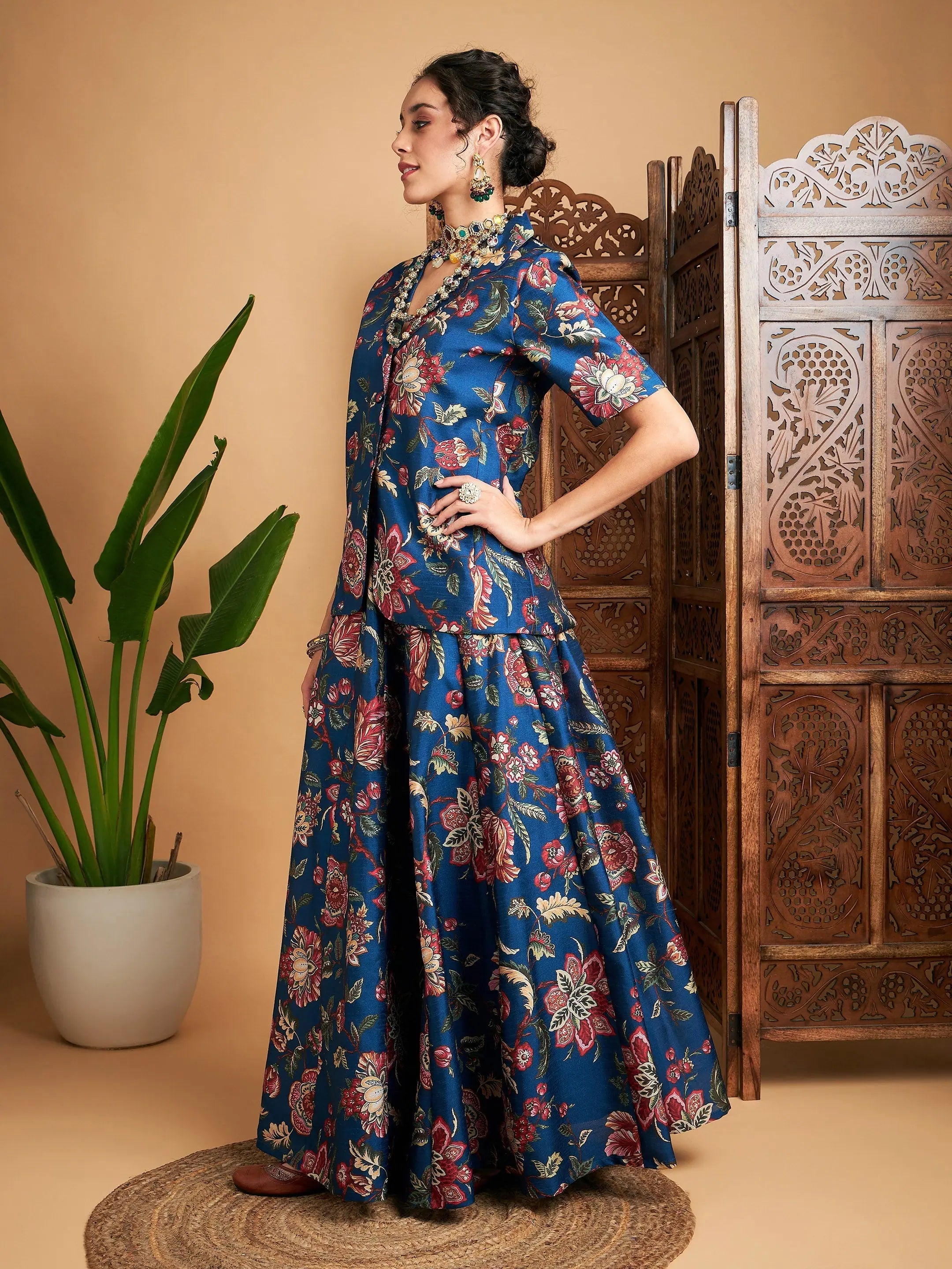 Blue Floral Anarkali Skirt & Blazer | Designer Lehenga for Women