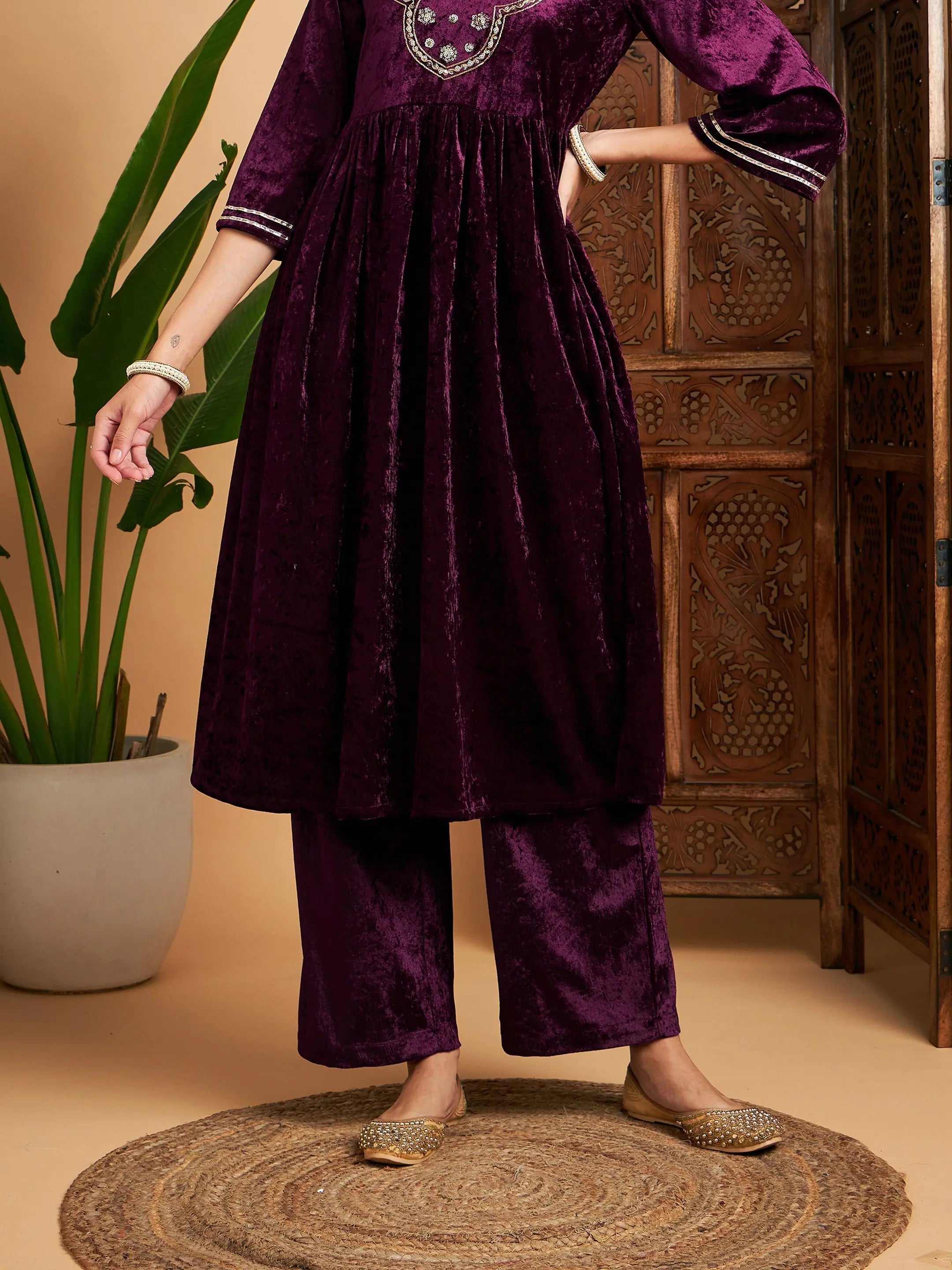 Purple Velvet Straight Pants | Women's Western Outfits