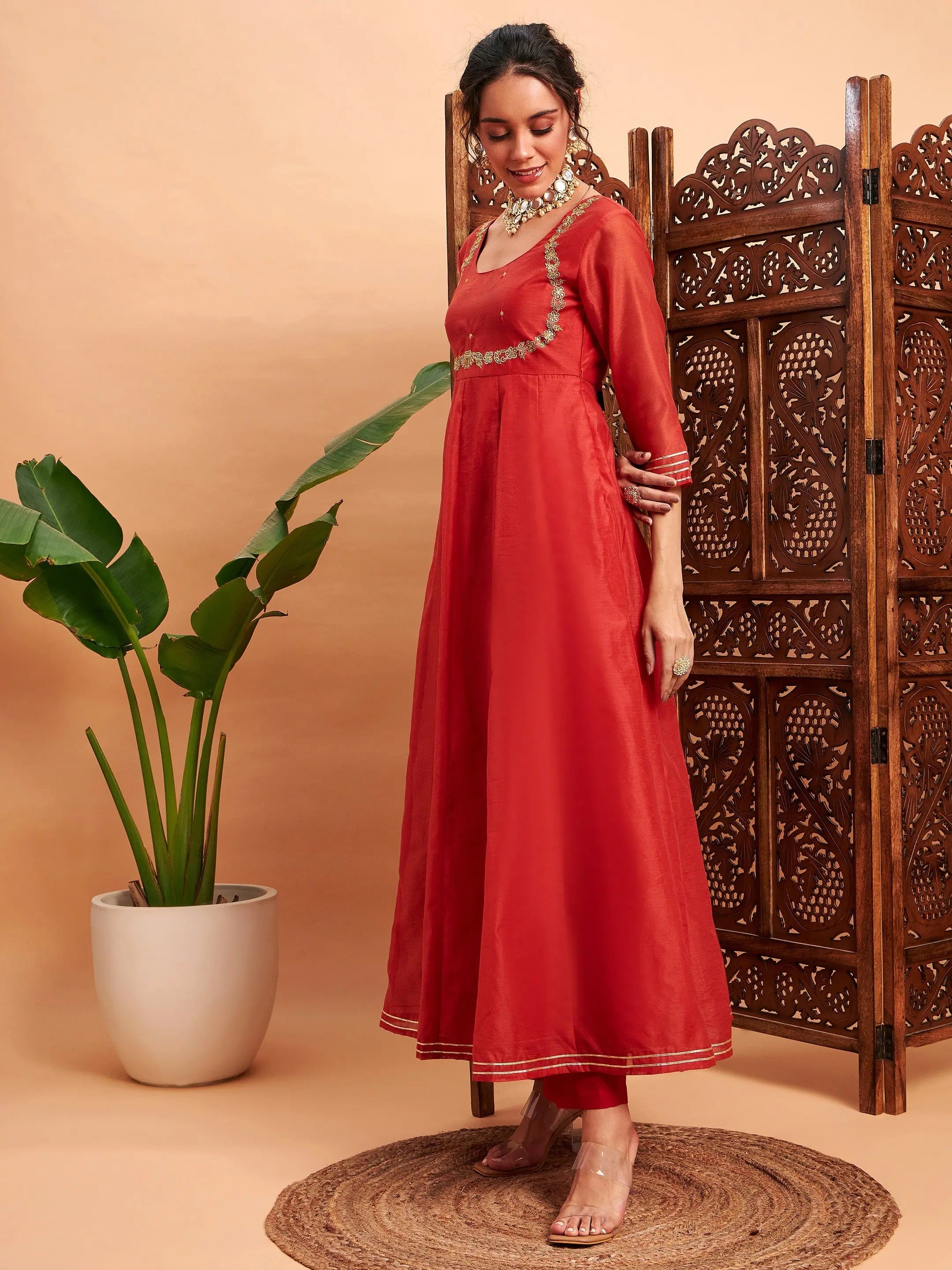Rust Embroidered Anarkali Kurta | Maxi Anarkali Kurtis for Women