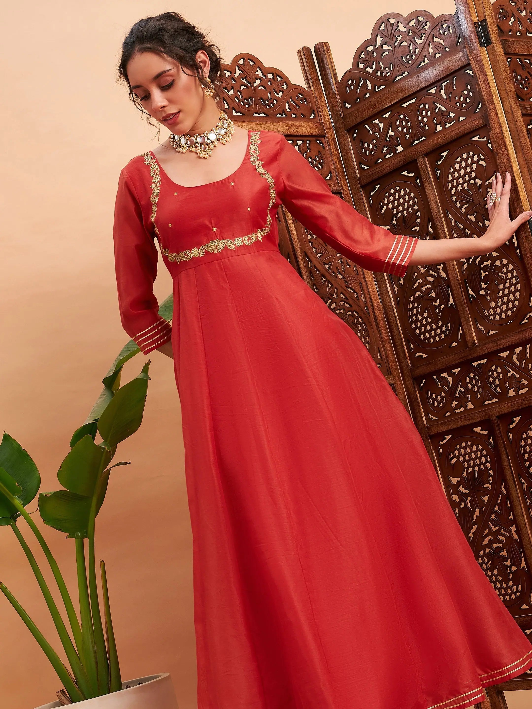 Rust Embroidered Anarkali Kurta | Maxi Anarkali Kurtis for Women
