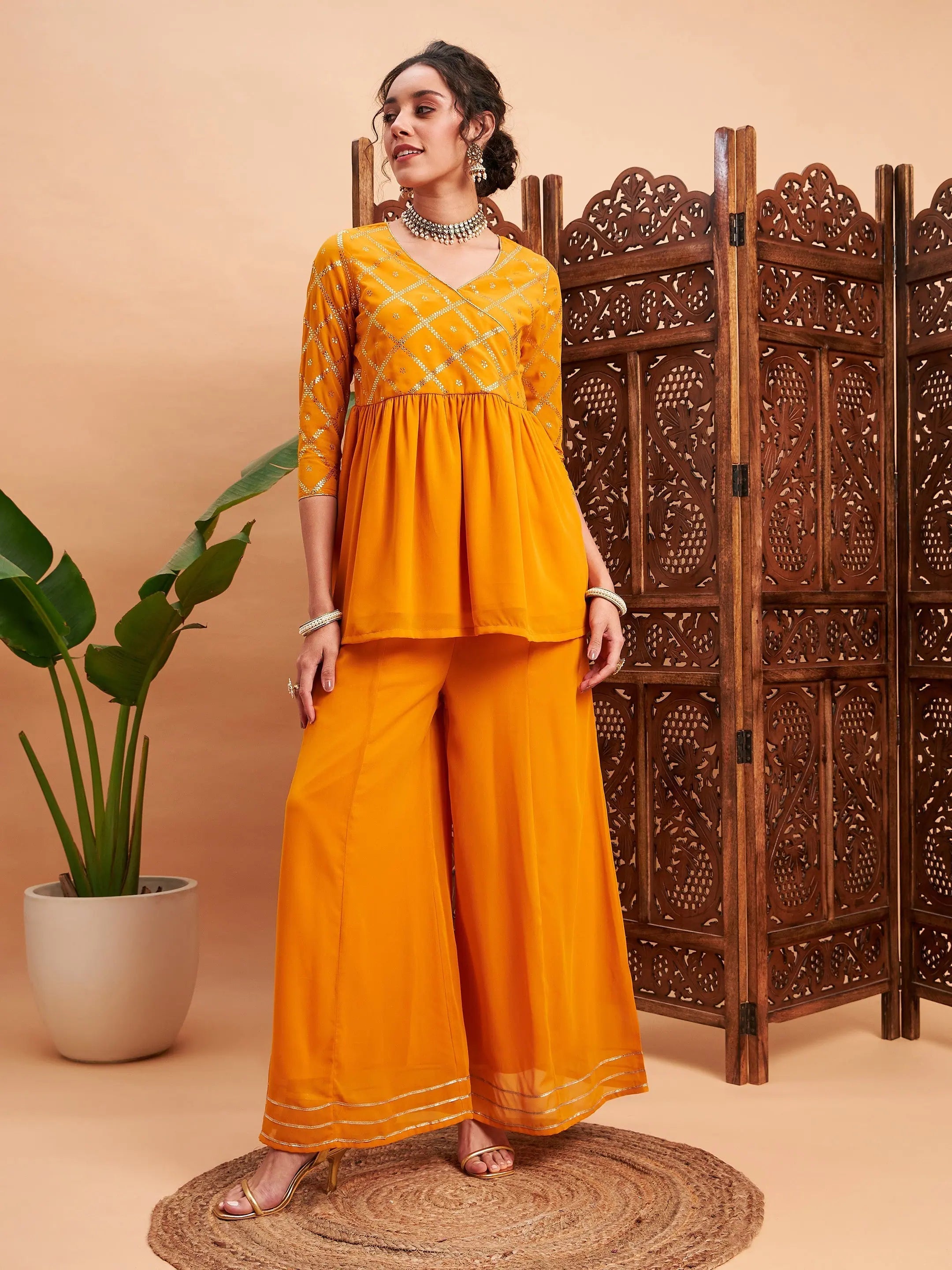 Mustard Mukaish Top & Sharara Pants | Women's Western Wear