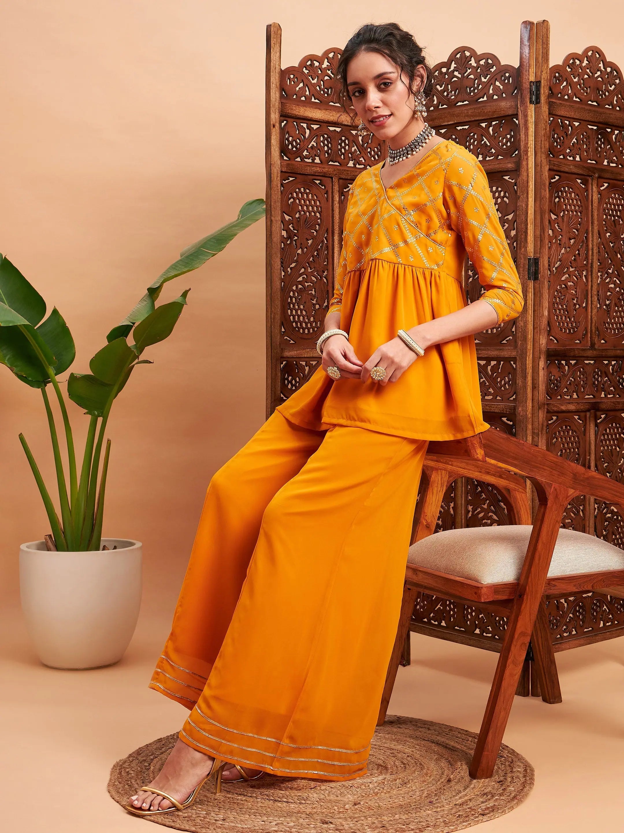 Mustard Mukaish Top & Sharara Pants | Women's Western Wear