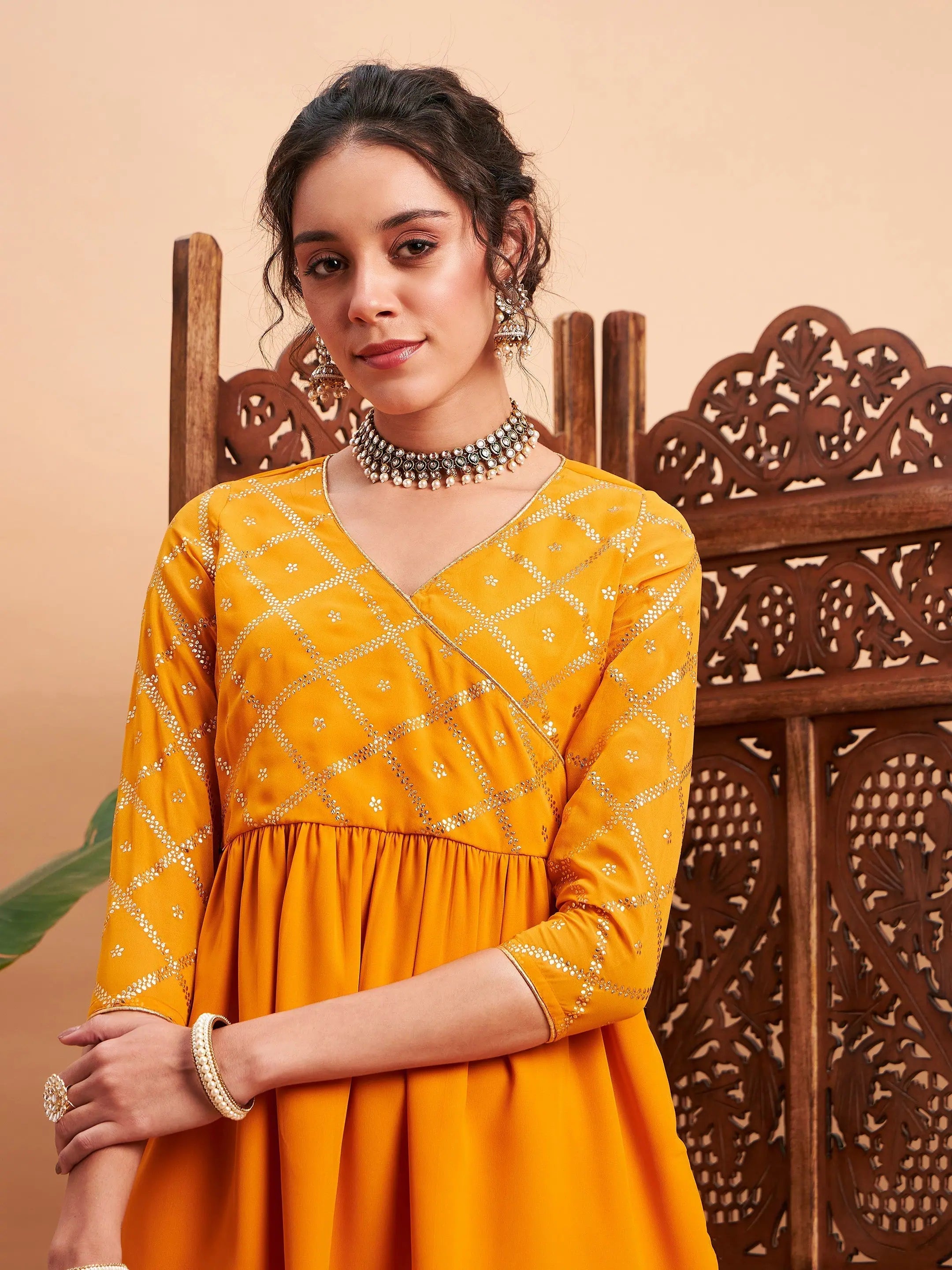 Mustard Mukaish Top & Sharara Pants | Women's Western Wear