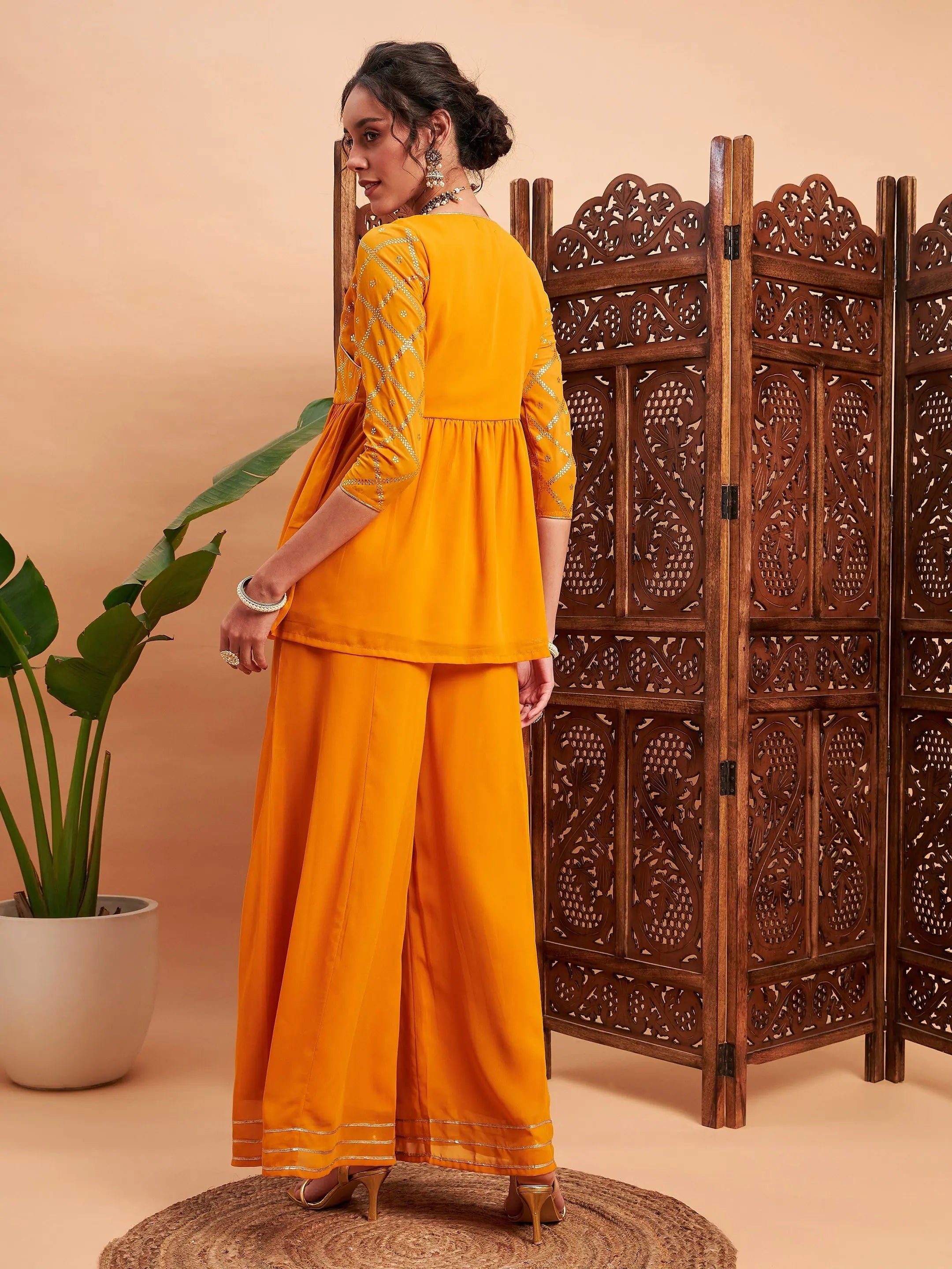Mustard Mukaish Top & Sharara Pants | Women's Western Wear