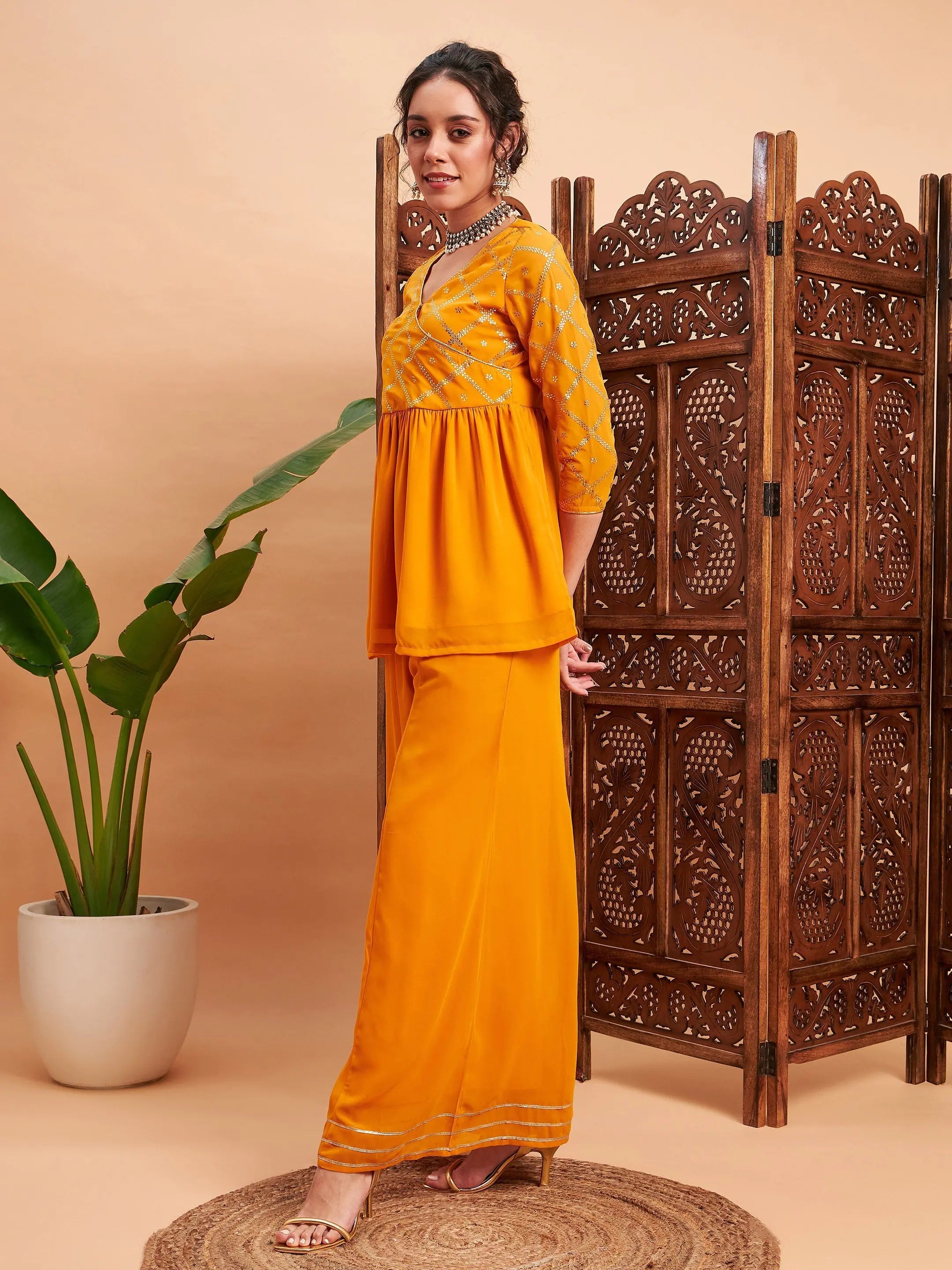 Mustard Mukaish Top & Sharara Pants | Women's Western Wear