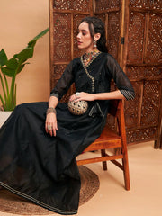 Women Black Chanderi Embroidered Wrap Anarkali Kurta
