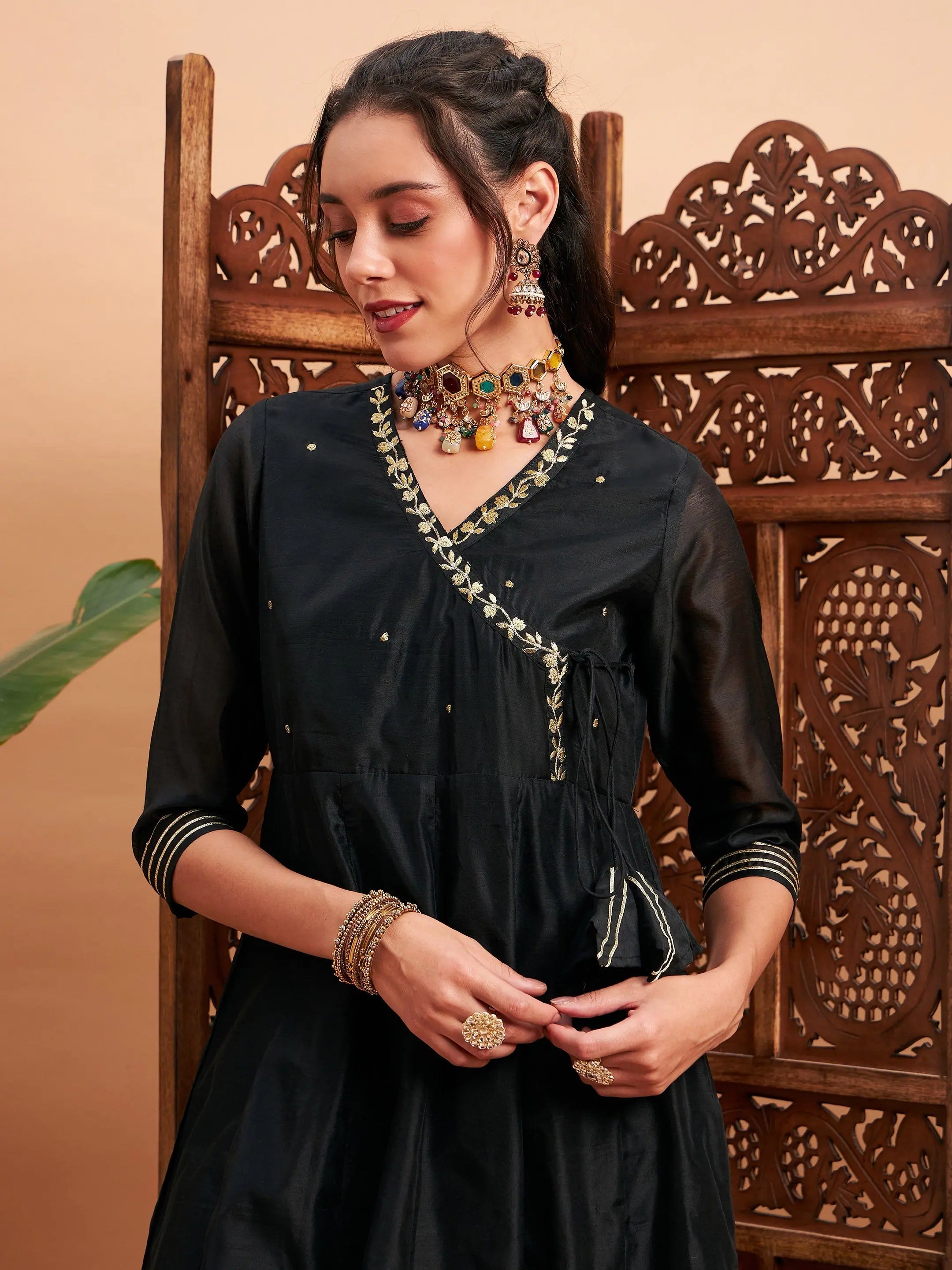 Black Embroidered Anarkali Kurta - Women's Wrap Anarkali Suit