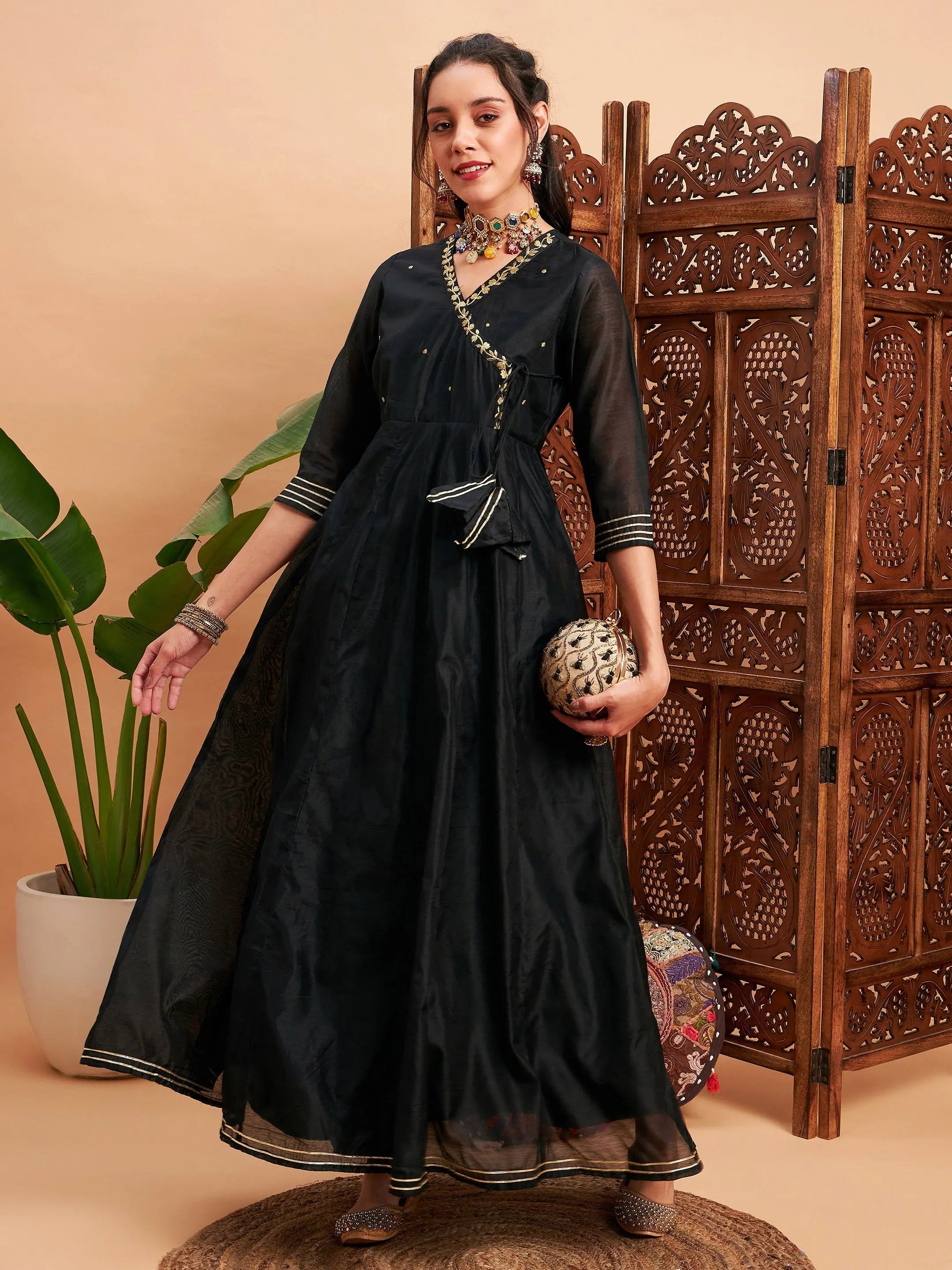Black Embroidered Anarkali Kurta - Women's Wrap Anarkali Suit
