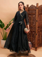 Women Black Chanderi Embroidered Wrap Anarkali Kurta