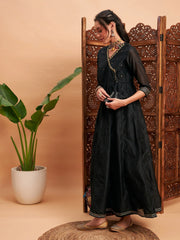 Women Black Chanderi Embroidered Wrap Anarkali Kurta