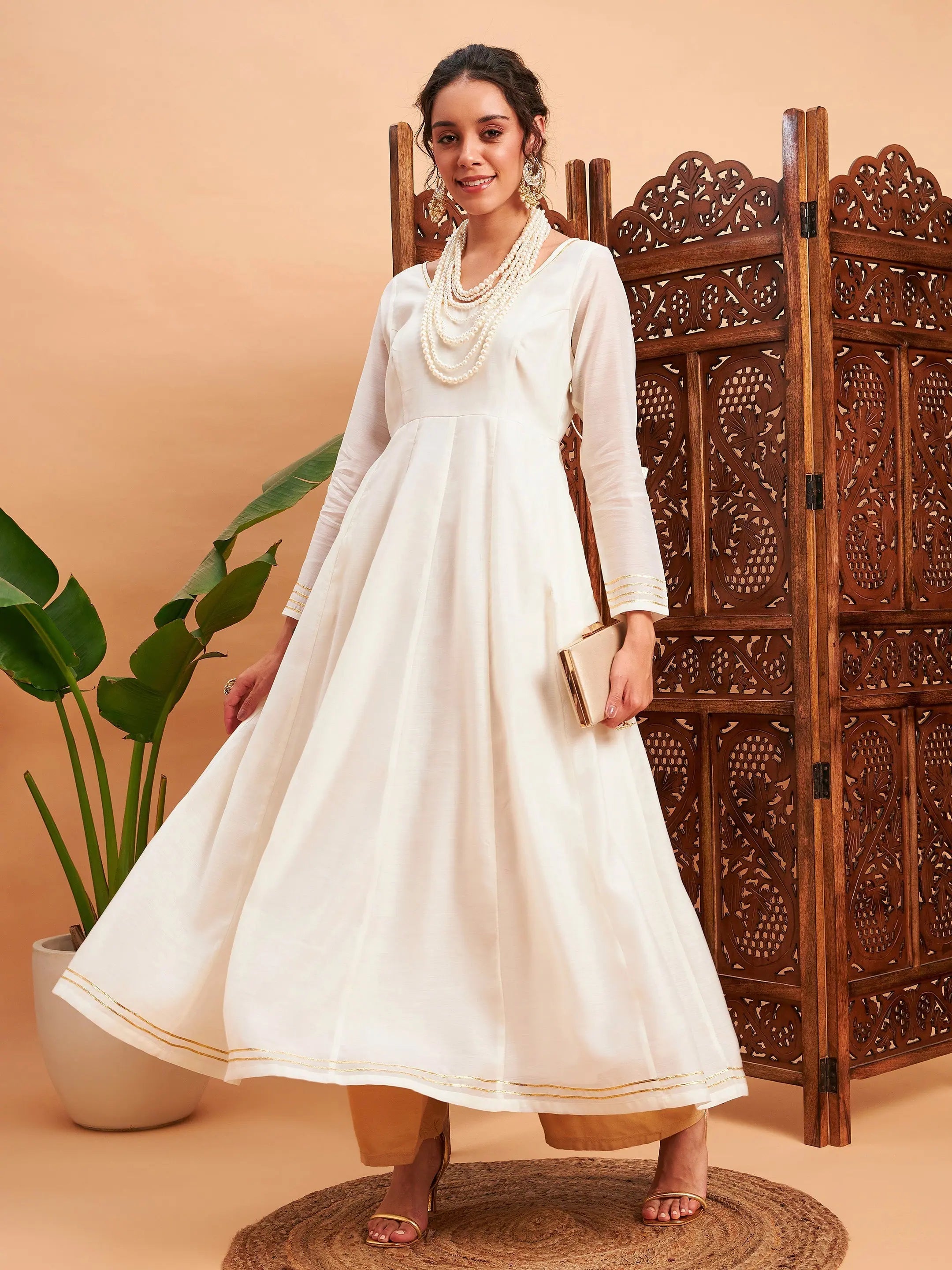 Off White Chanderi Anarkali Kurta - Women's Anarkali Dress