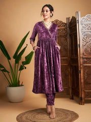 Women Mauve Velvet Wrap Gathered Kurta