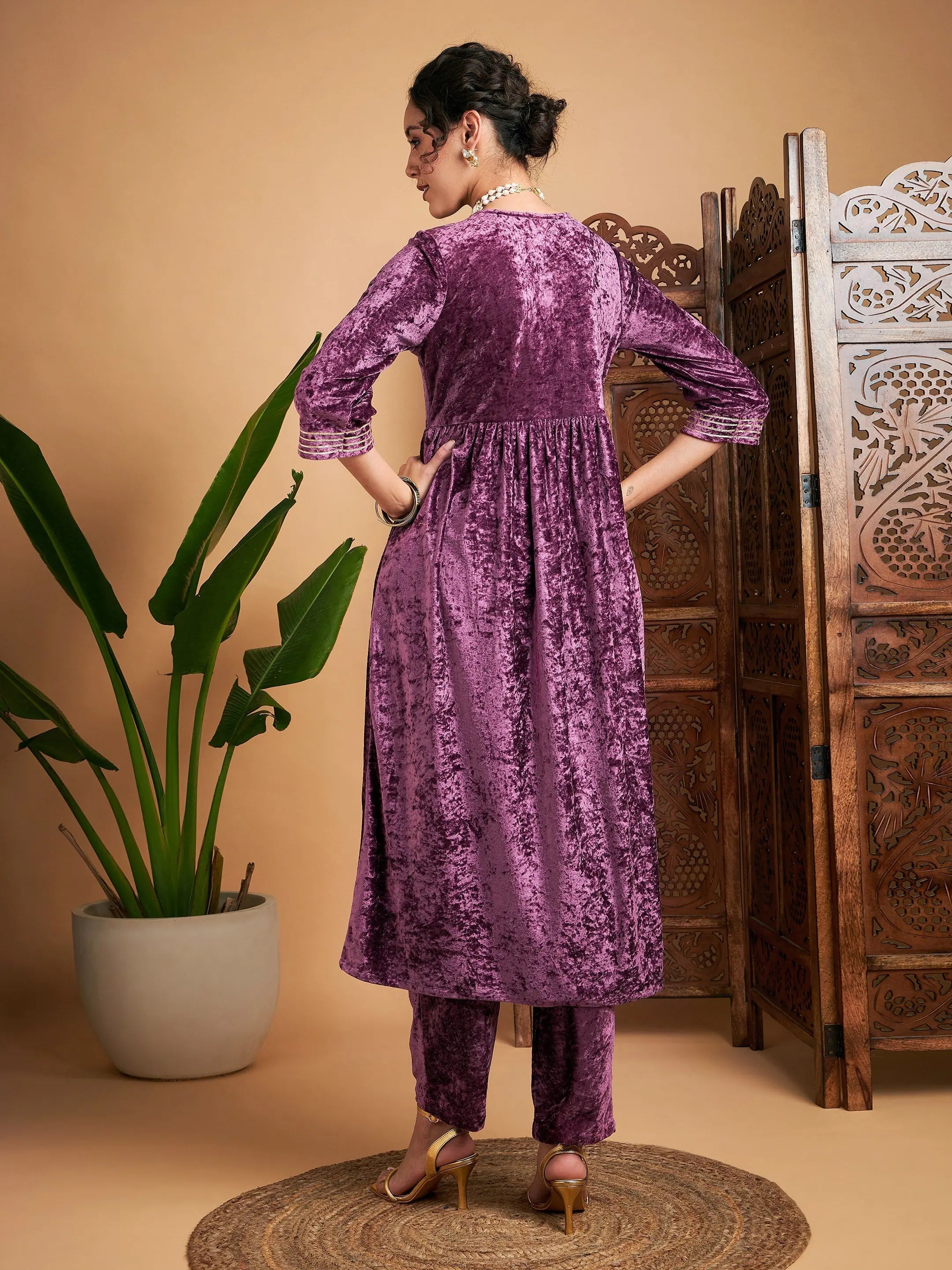 Mauve Velvet Wrap Indian Kurta - Elegant Velvet Kurtis