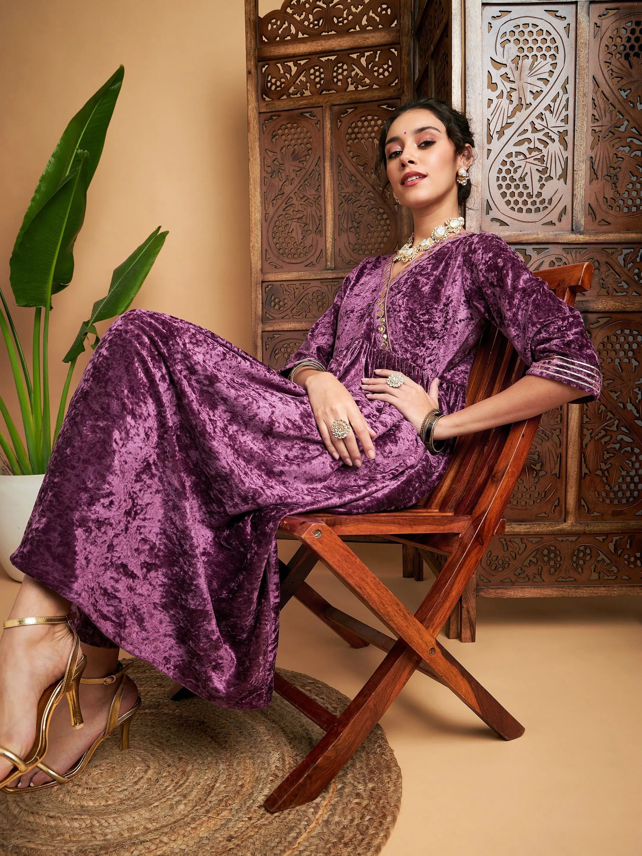 Mauve Velvet Wrap Indian Kurta - Elegant Velvet Kurtis