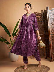 Women Mauve Velvet Wrap Gathered Kurta