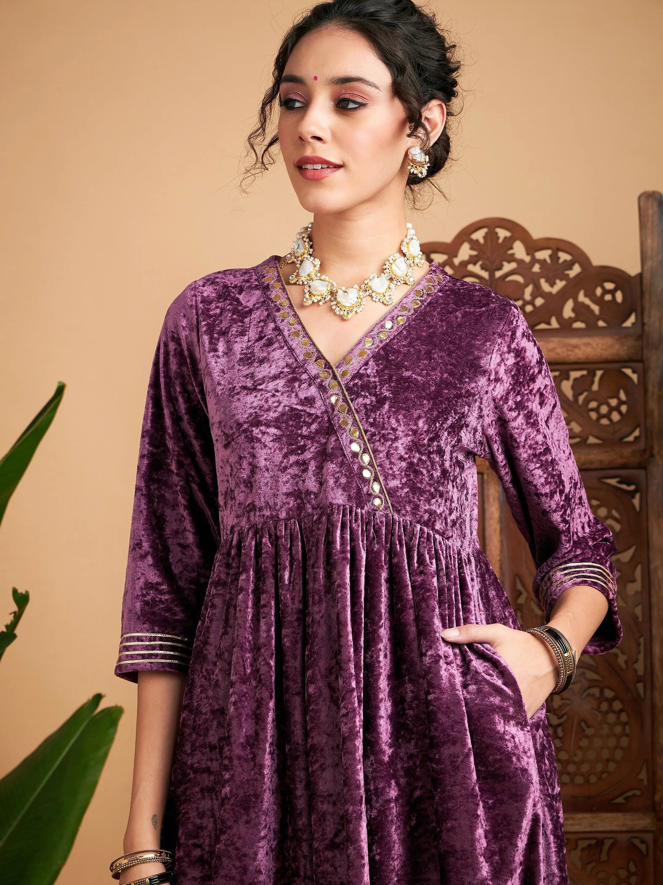 Mauve Velvet Wrap Indian Kurta - Elegant Velvet Kurtis