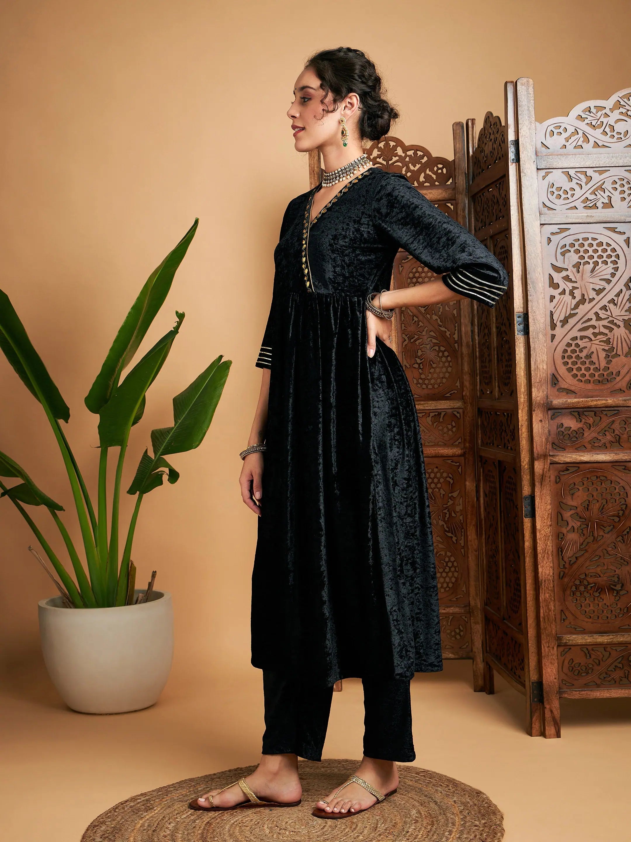 Black Velvet Wrap Indian Kurta - Fit & Flare Style Kurta
