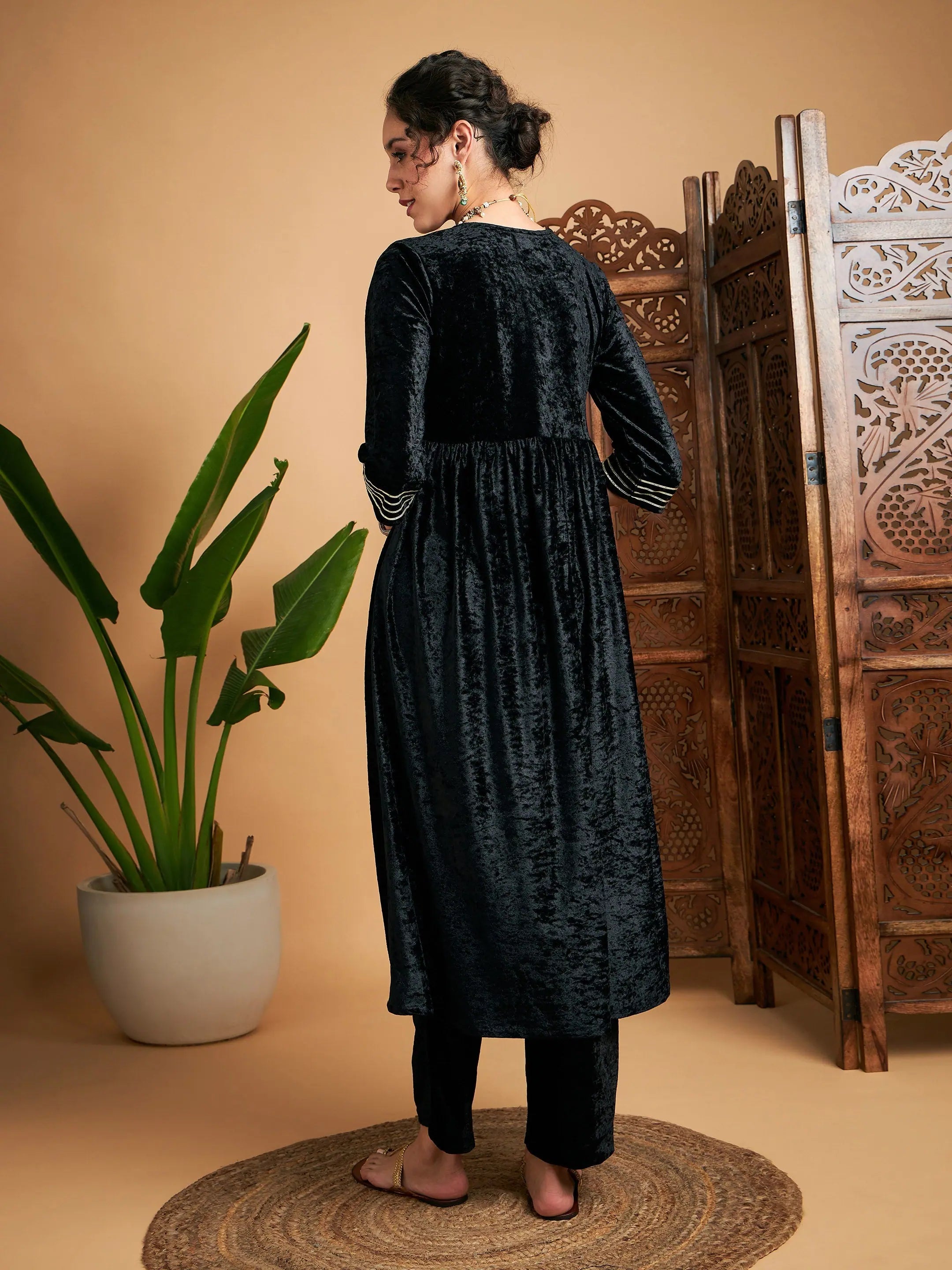 Black Velvet Wrap Indian Kurta - Fit & Flare Style Kurta
