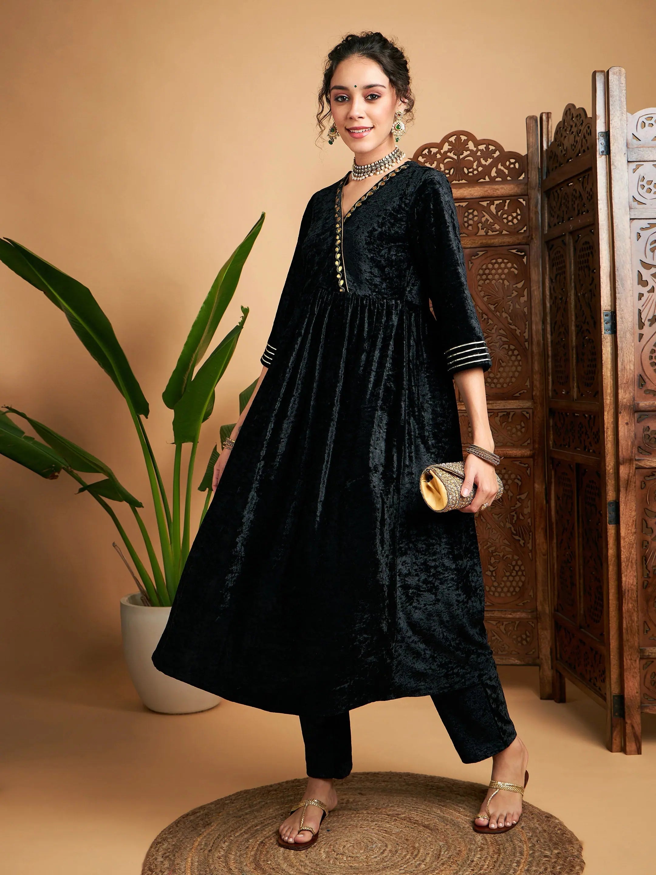Black Velvet Wrap Indian Kurta - Fit & Flare Style Kurta