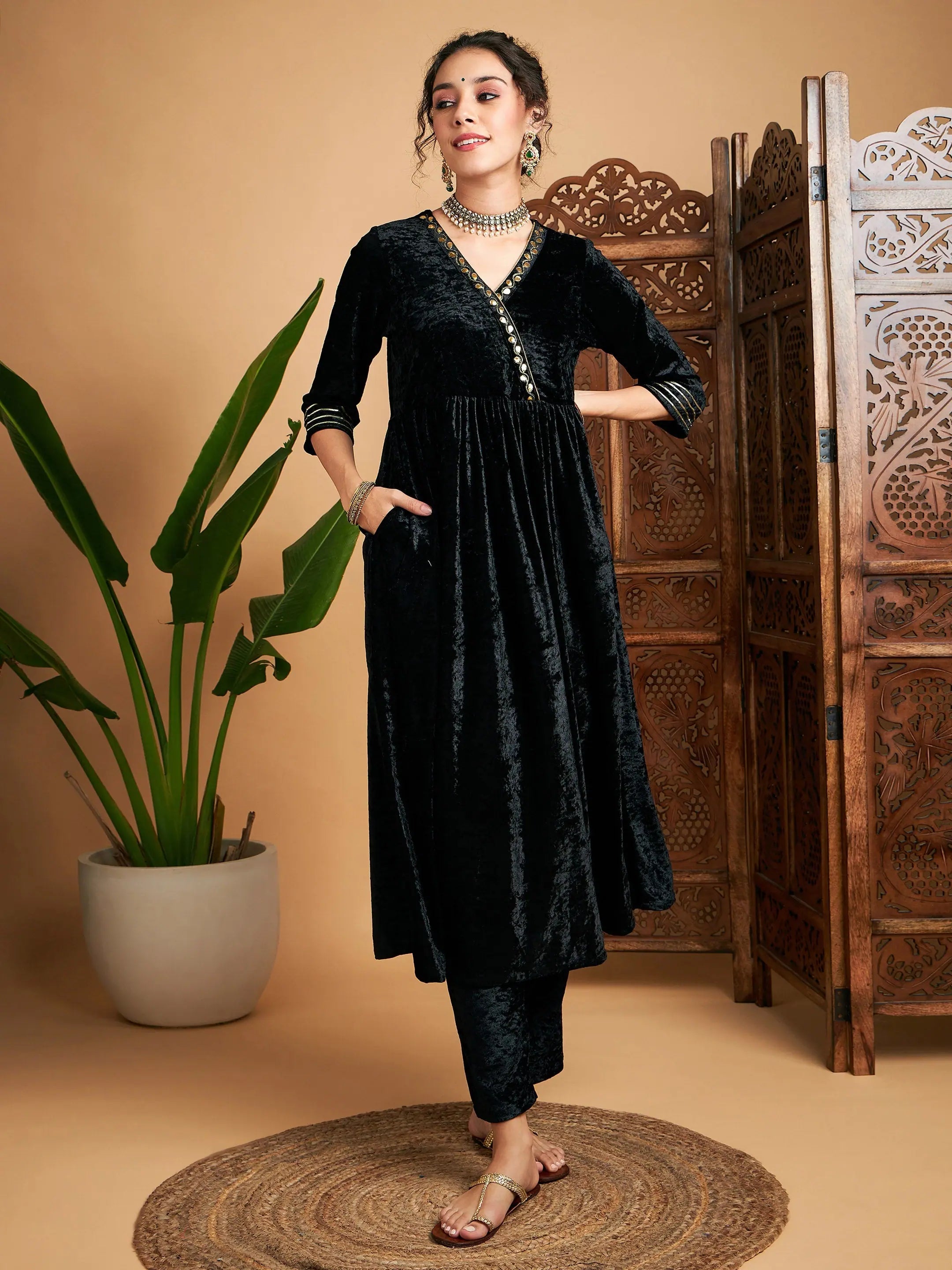 Black Velvet Wrap Indian Kurta - Fit & Flare Style Kurta