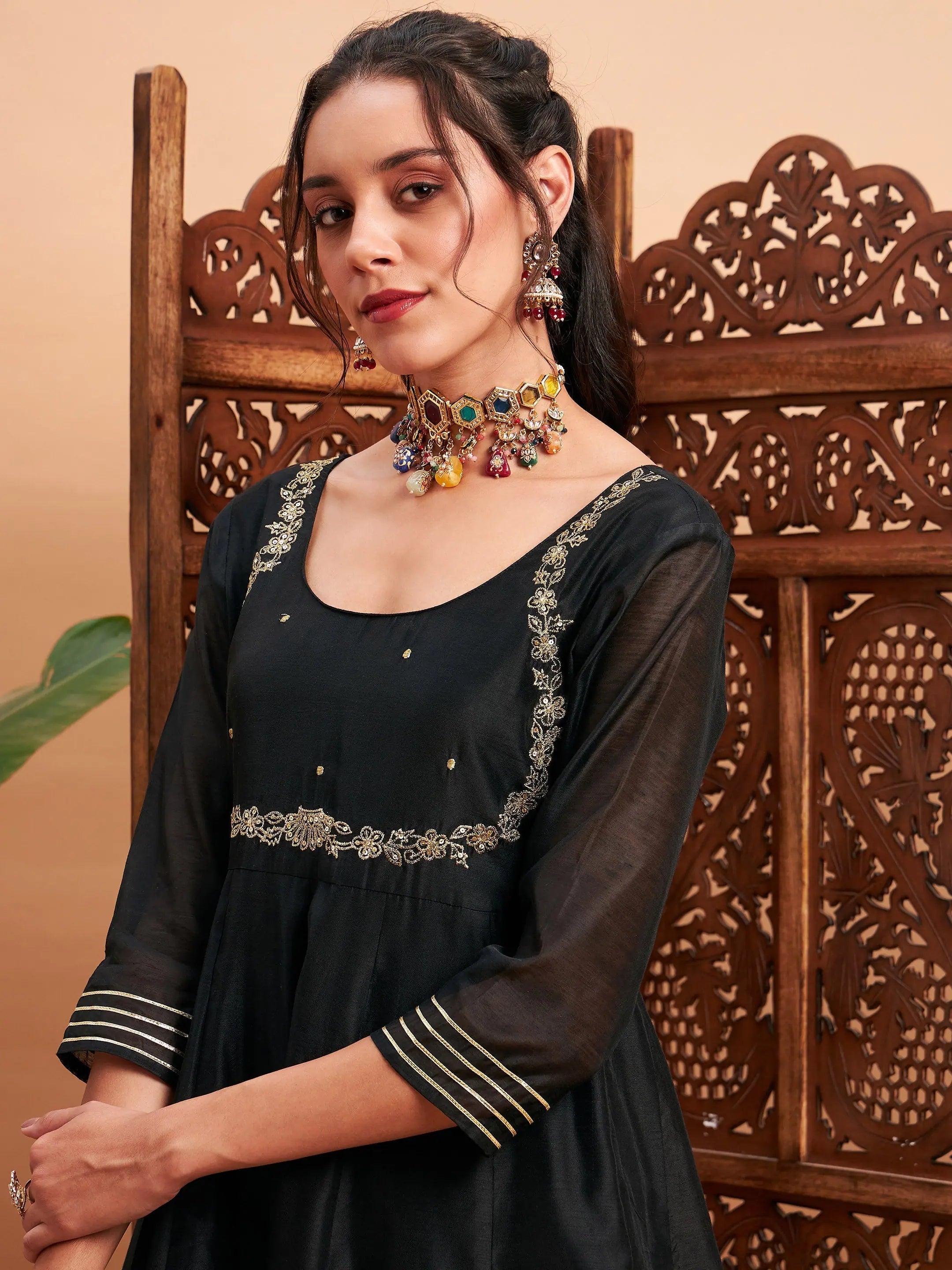 Black Embroidered Anarkali Maxi Kurta - Women's Chanderi Anarkali