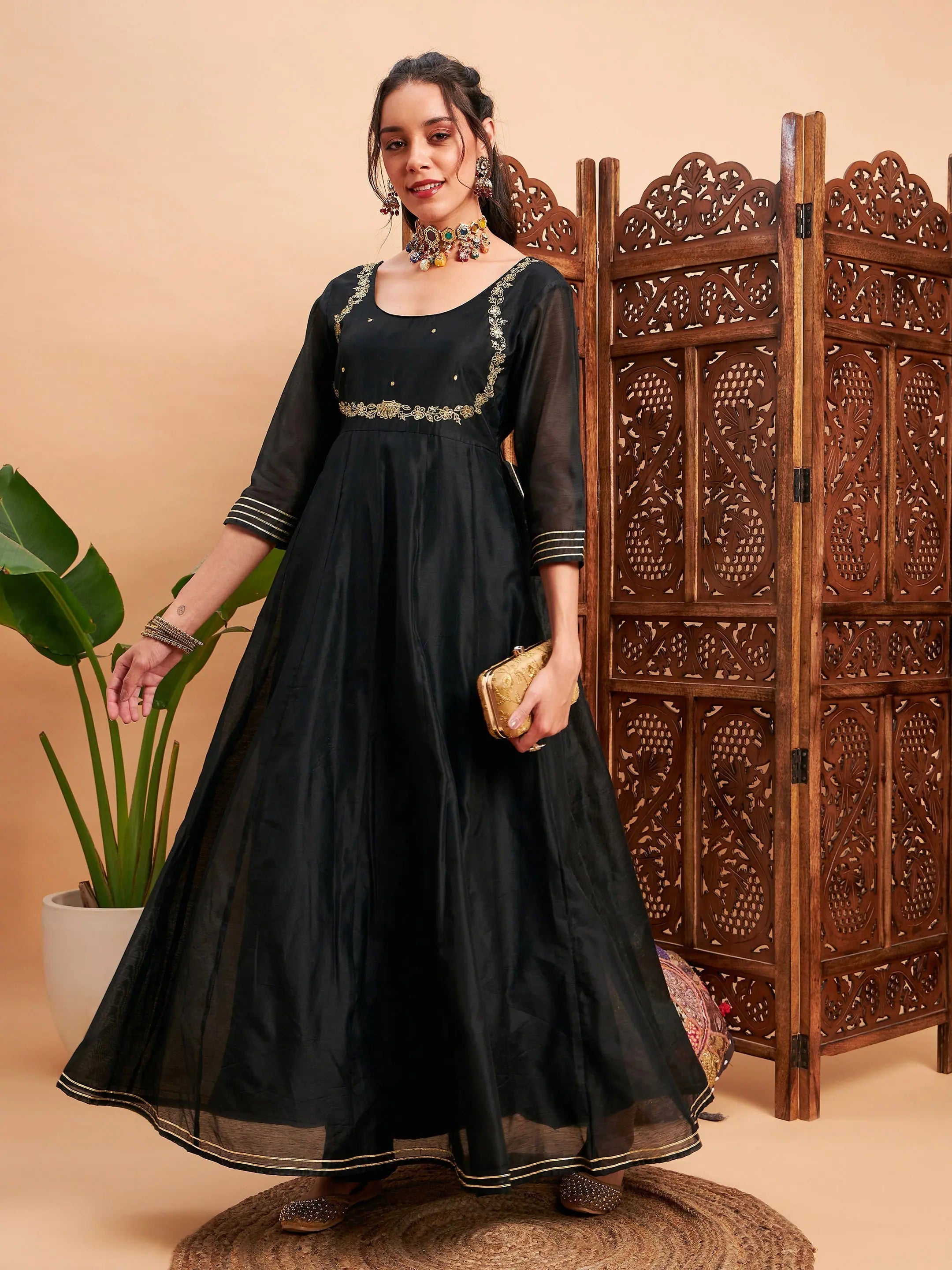 Black Embroidered Anarkali Maxi Kurta - Women's Chanderi Anarkali